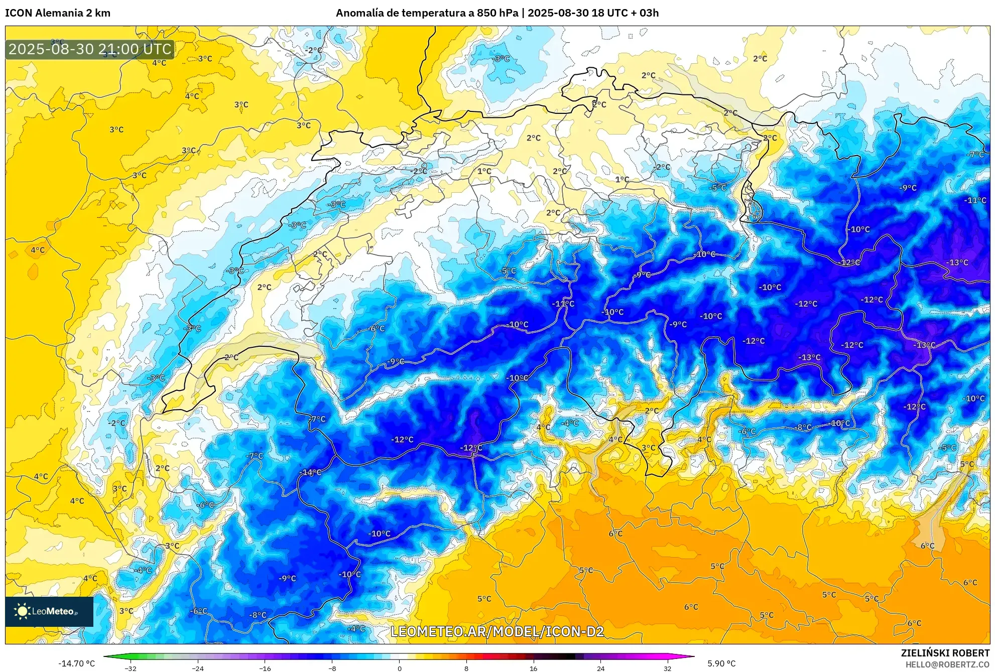 ICON Alemania 2 km model - Suiza, Anomalía de temperatura a 850 hPa ICON Alemania 2 km model - Suiza, Anomalía de temperatura a 850 hPa