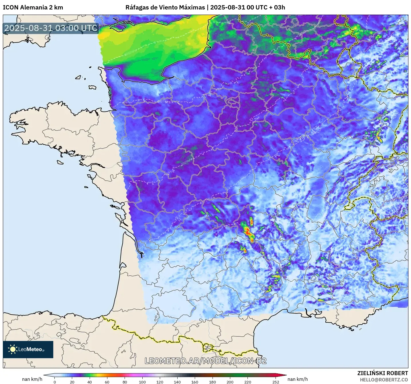 ICON Alemania 2 km model - Francia, Ráfagas de Viento Máximas ICON Alemania 2 km model - Francia, Ráfagas de Viento Máximas