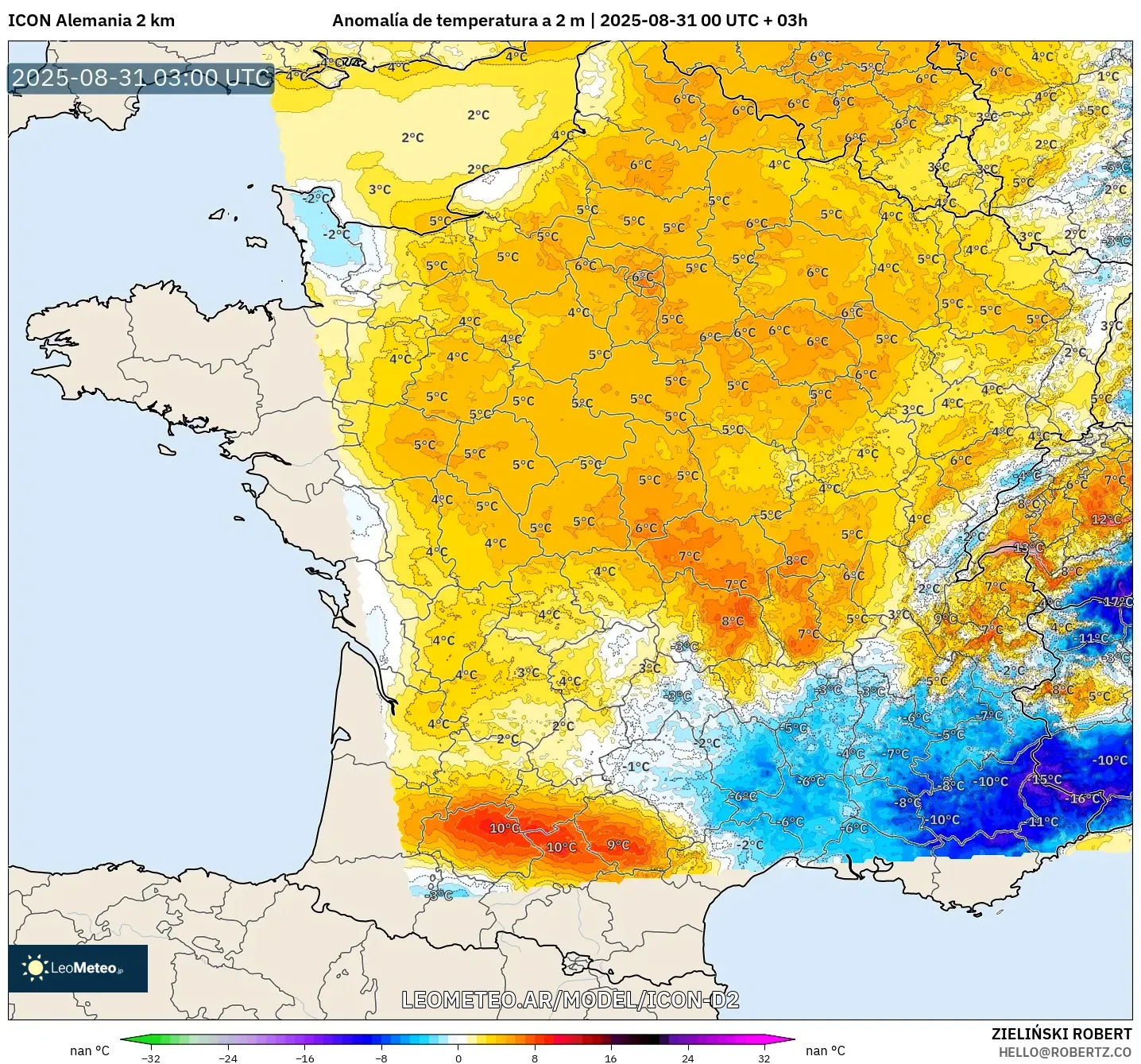 ICON Alemania 2 km model - Francia, Anomalía de temperatura a 2 m ICON Alemania 2 km model - Francia, Anomalía de temperatura a 2 m