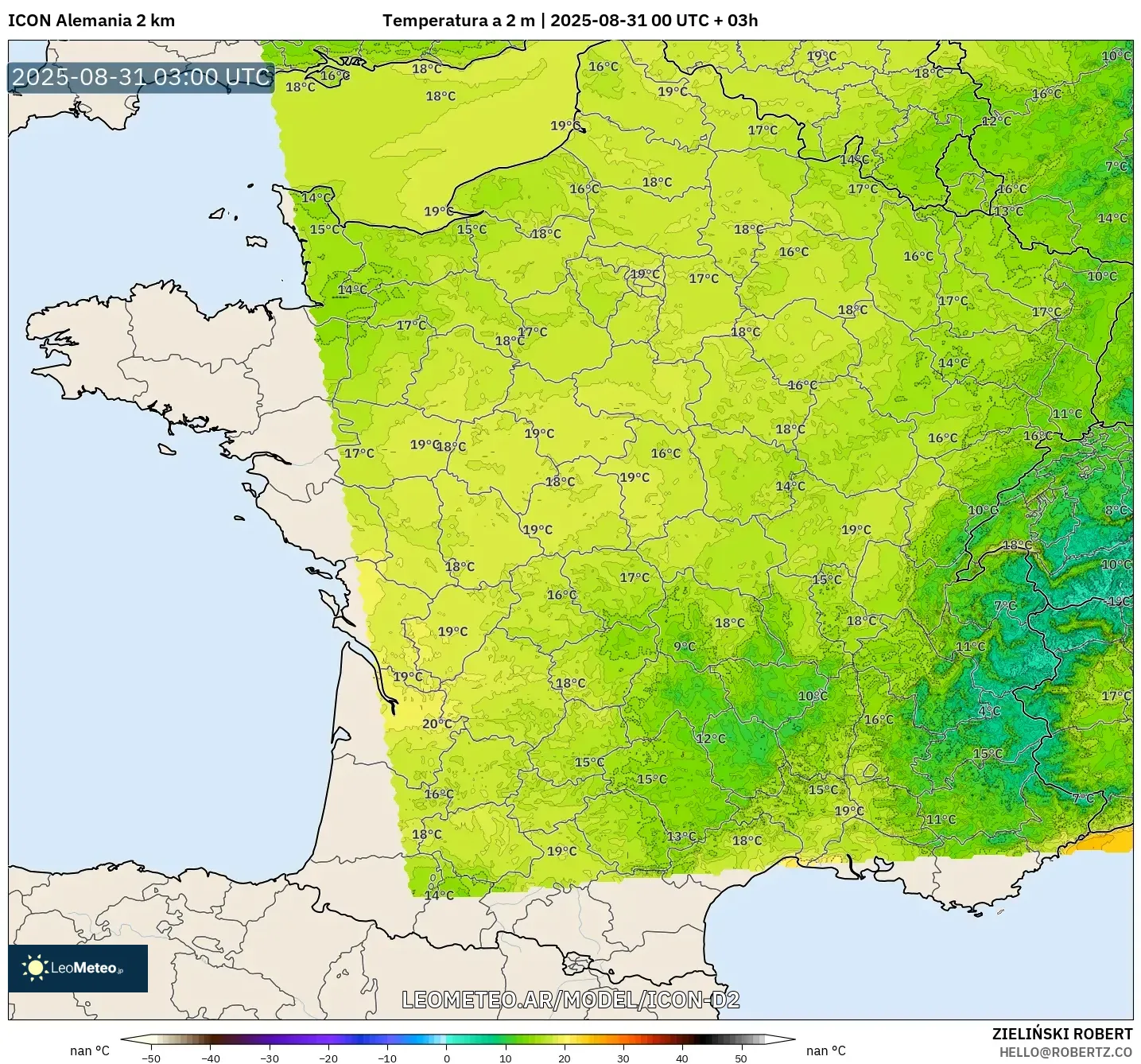 ICON Alemania 2 km model - Francia, Temperatura a 2 m ICON Alemania 2 km model - Francia, Temperatura a 2 m