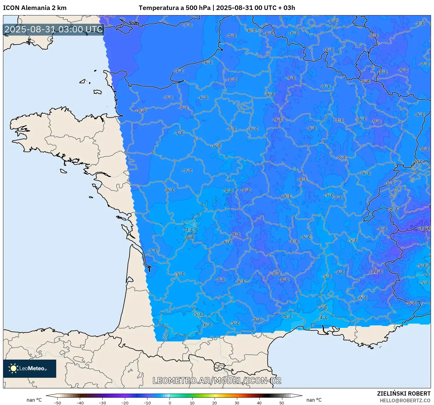 ICON Alemania 2 km model - Francia, Temperatura a 500 hPa ICON Alemania 2 km model - Francia, Temperatura a 500 hPa