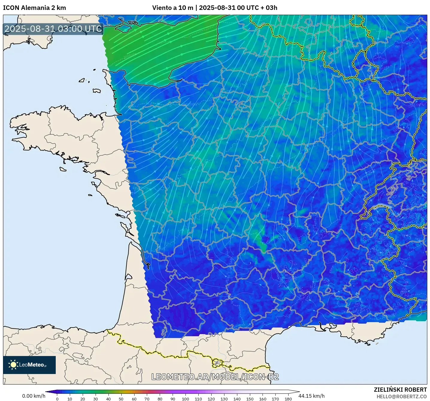 ICON Alemania 2 km model - Francia, Viento a 10 m ICON Alemania 2 km model - Francia, Viento a 10 m