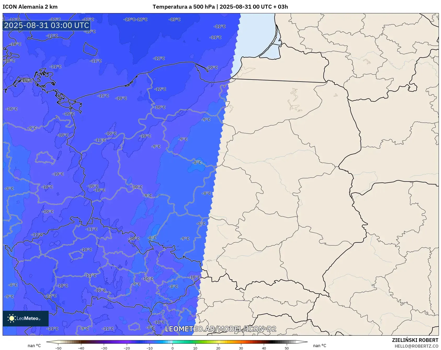 ICON Alemania 2 km model - Polonia, Temperatura a 500 hPa ICON Alemania 2 km model - Polonia, Temperatura a 500 hPa