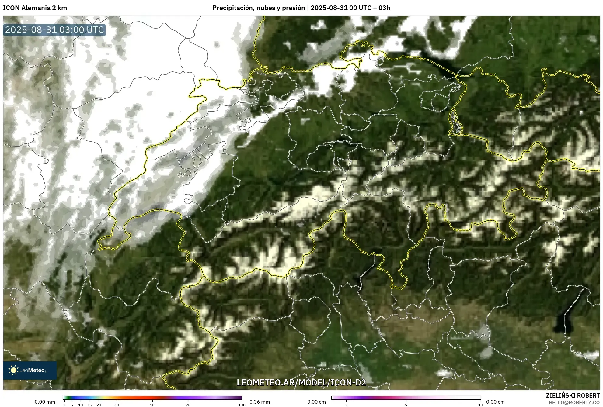 ICON Alemania 2 km model - Suiza, Precipitación, nubes y presión ICON Alemania 2 km model - Suiza, Precipitación, nubes y presión
