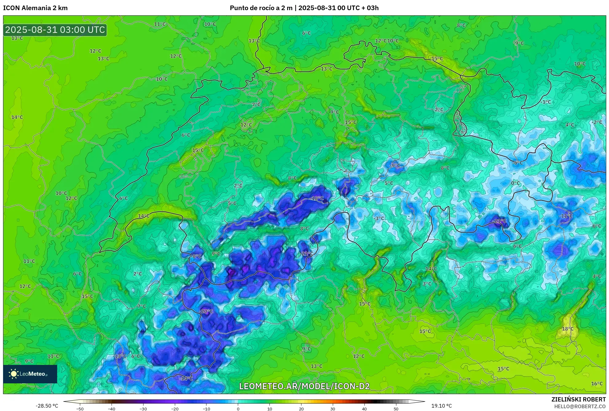 ICON Alemania 2 km model - Suiza, Punto de rocío a 2 m ICON Alemania 2 km model - Suiza, Punto de rocío a 2 m