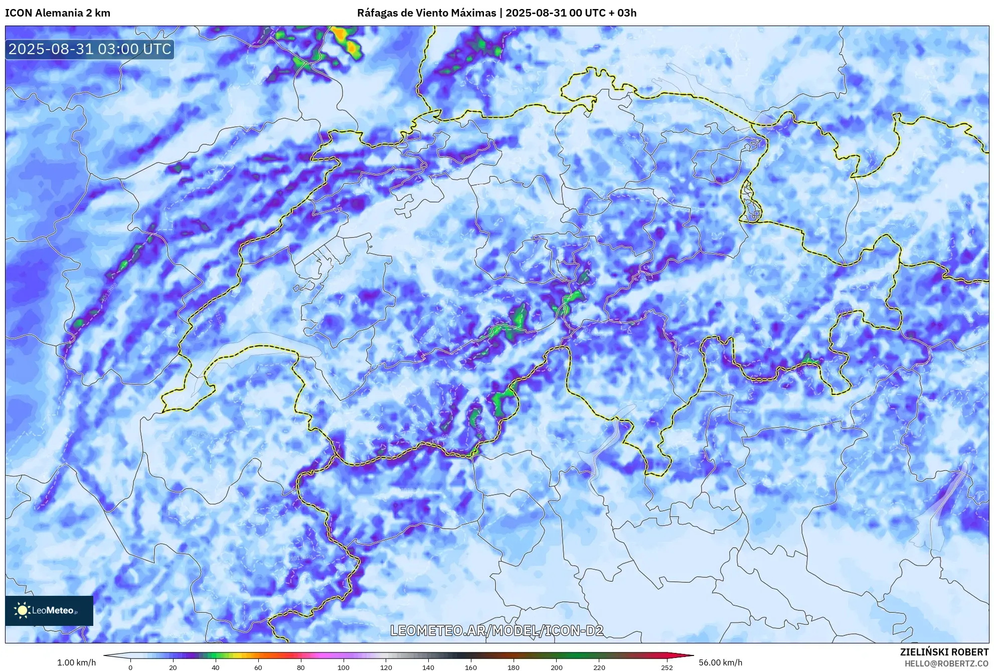 ICON Alemania 2 km model - Suiza, Ráfagas de Viento Máximas ICON Alemania 2 km model - Suiza, Ráfagas de Viento Máximas