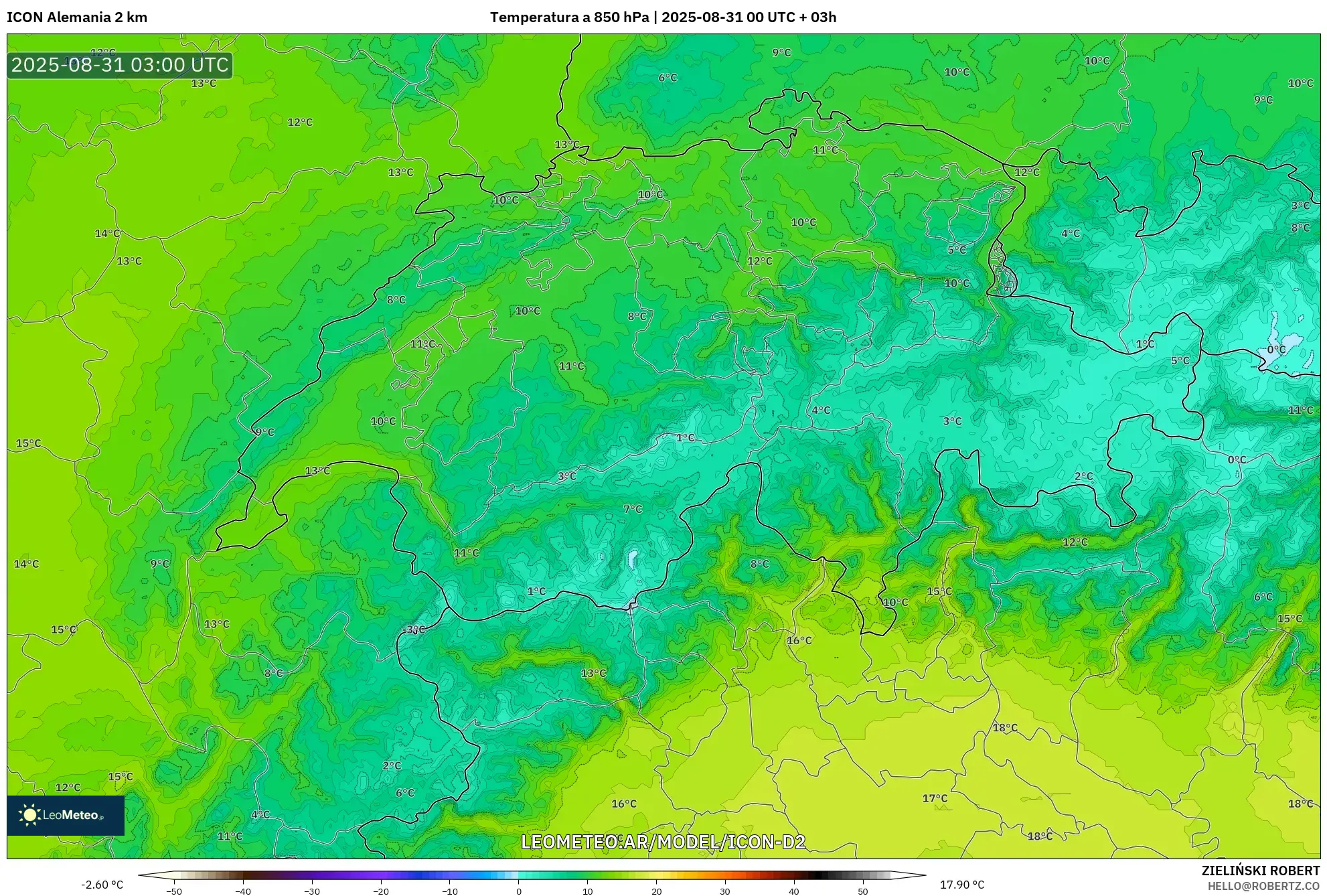 ICON Alemania 2 km model - Suiza, Temperatura a 850 hPa ICON Alemania 2 km model - Suiza, Temperatura a 850 hPa