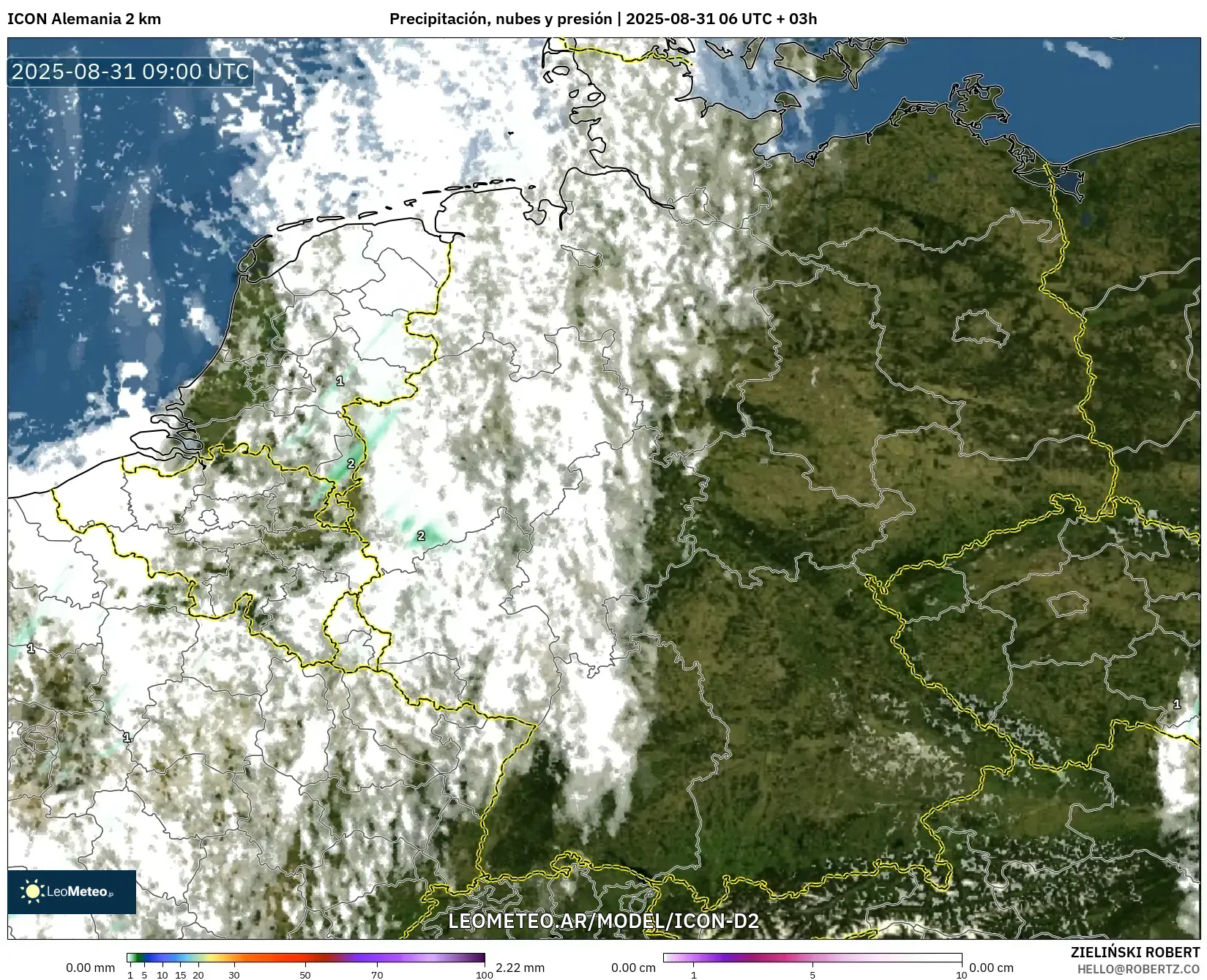 ICON Alemania 2 km model - Alemania, Precipitación, nubes y presión ICON Alemania 2 km model - Alemania, Precipitación, nubes y presión
