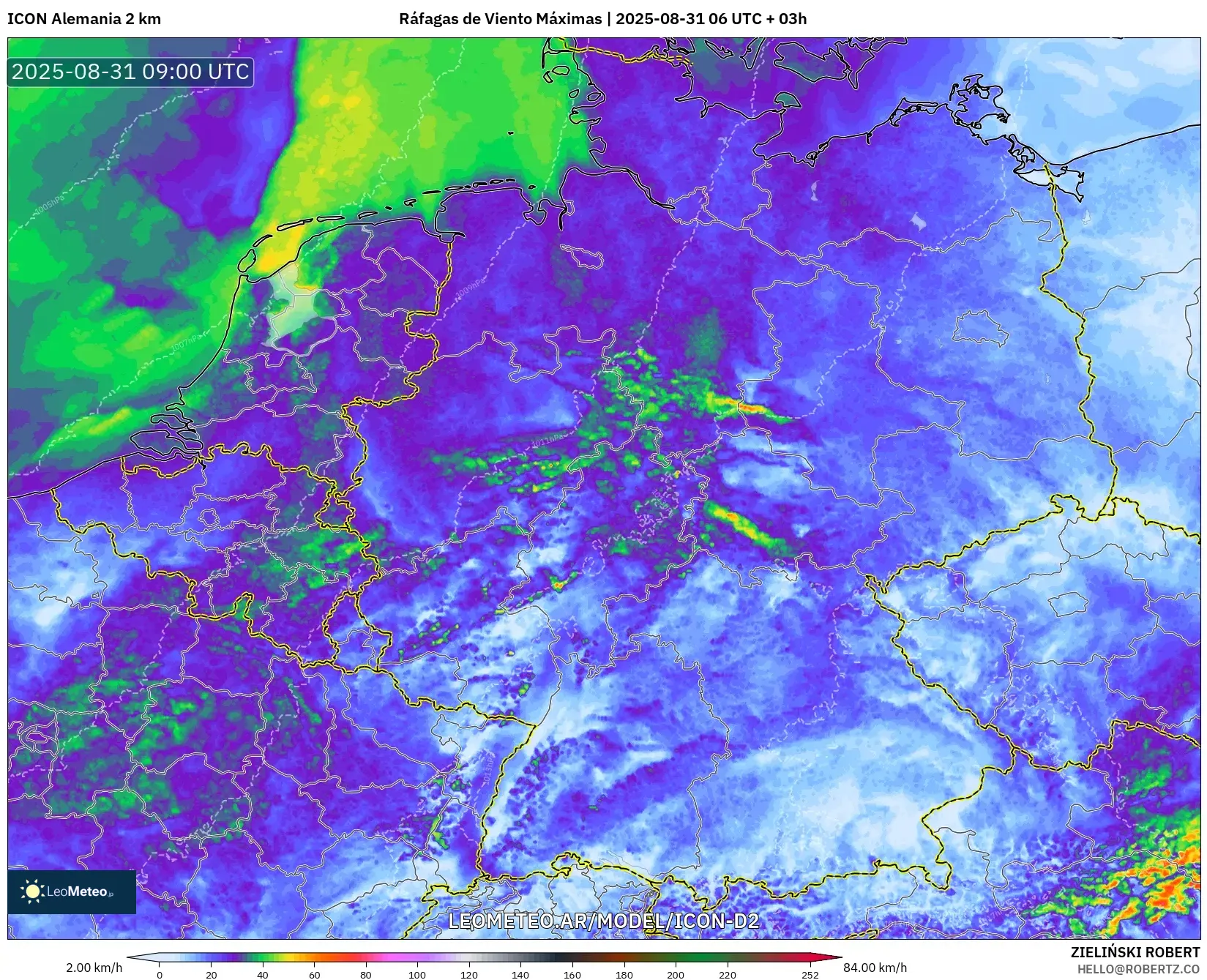 ICON Alemania 2 km model - Alemania, Ráfagas de Viento Máximas ICON Alemania 2 km model - Alemania, Ráfagas de Viento Máximas