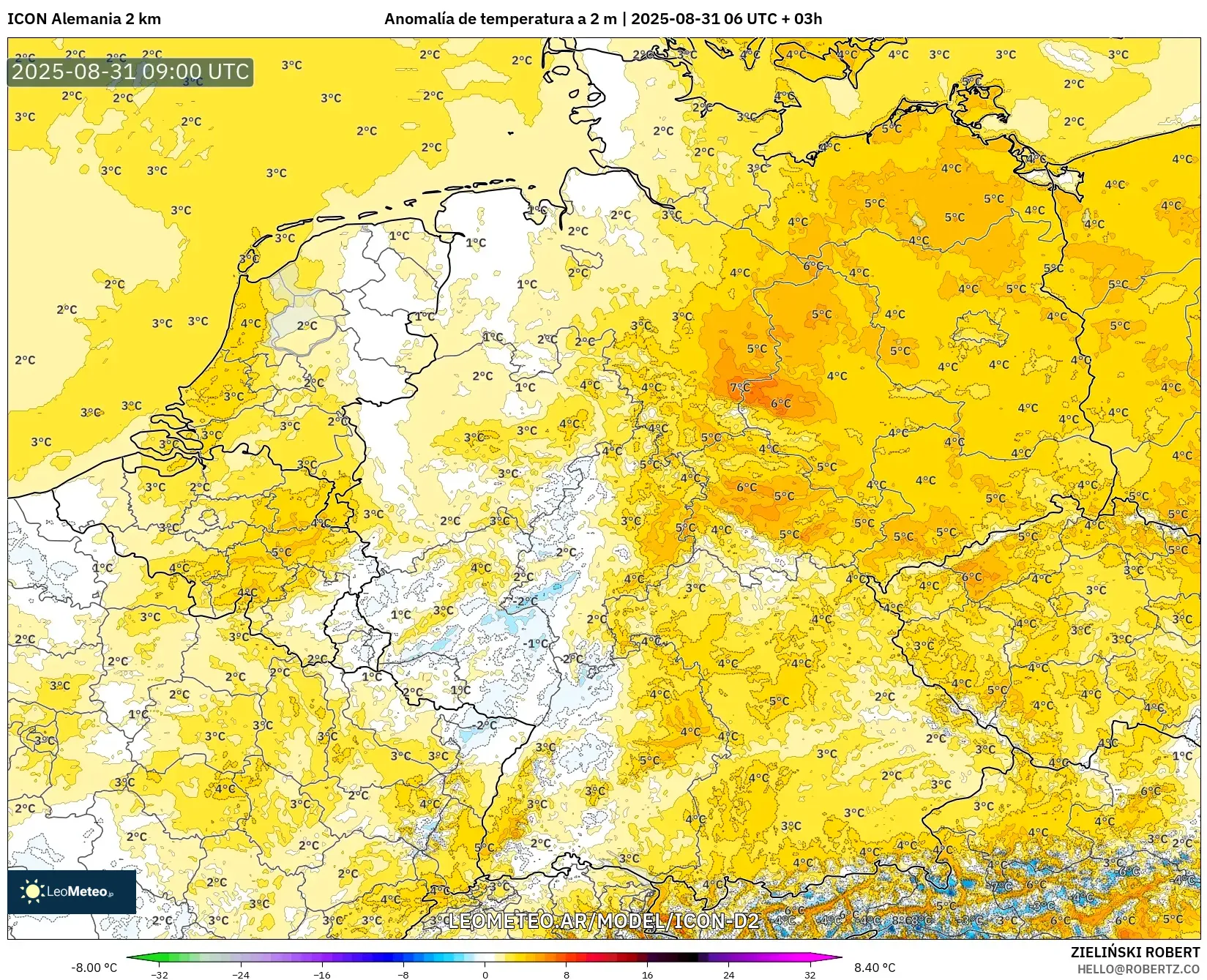 ICON Alemania 2 km model - Alemania, Anomalía de temperatura a 2 m ICON Alemania 2 km model - Alemania, Anomalía de temperatura a 2 m