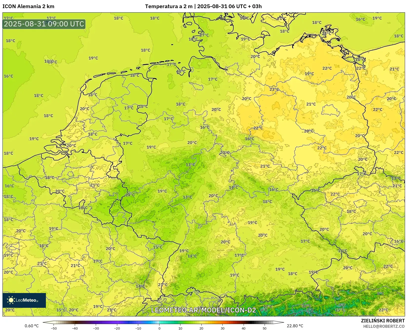 ICON Alemania 2 km model - Alemania, Temperatura a 2 m ICON Alemania 2 km model - Alemania, Temperatura a 2 m
