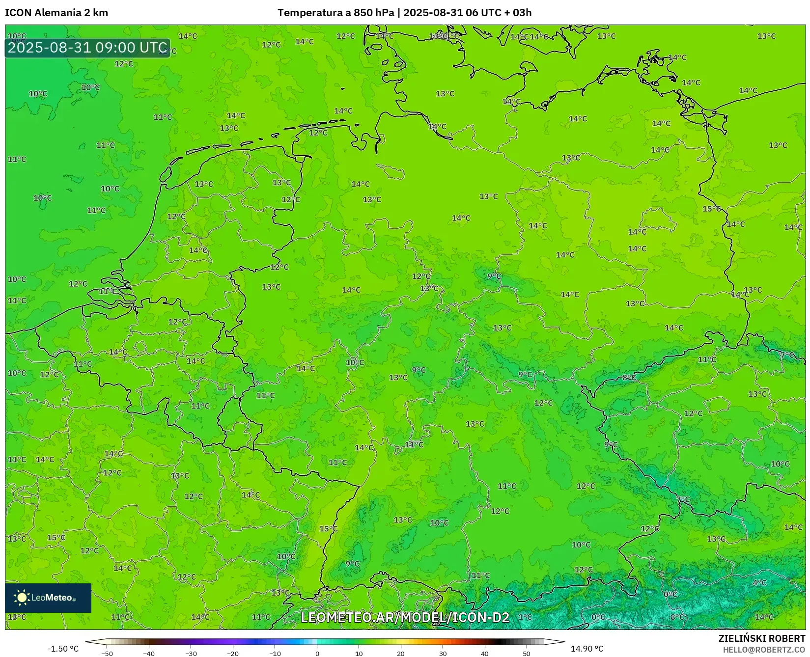 ICON Alemania 2 km model - Alemania, Temperatura a 850 hPa