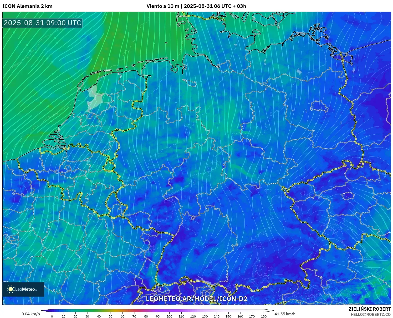 ICON Alemania 2 km model - Alemania, Viento a 10 m ICON Alemania 2 km model - Alemania, Viento a 10 m