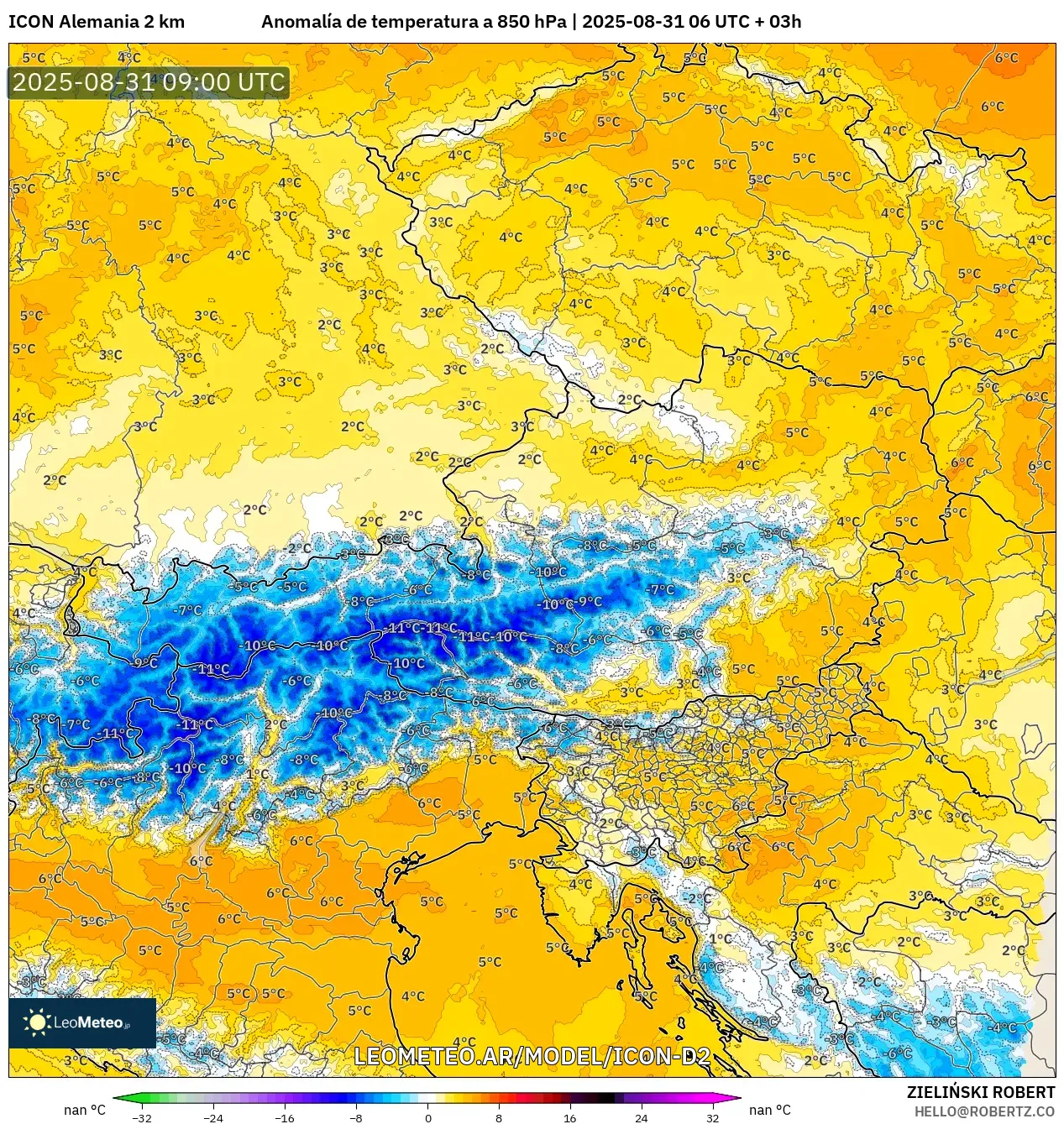 ICON Alemania 2 km model - Austria, Anomalía de temperatura a 850 hPa ICON Alemania 2 km model - Austria, Anomalía de temperatura a 850 hPa