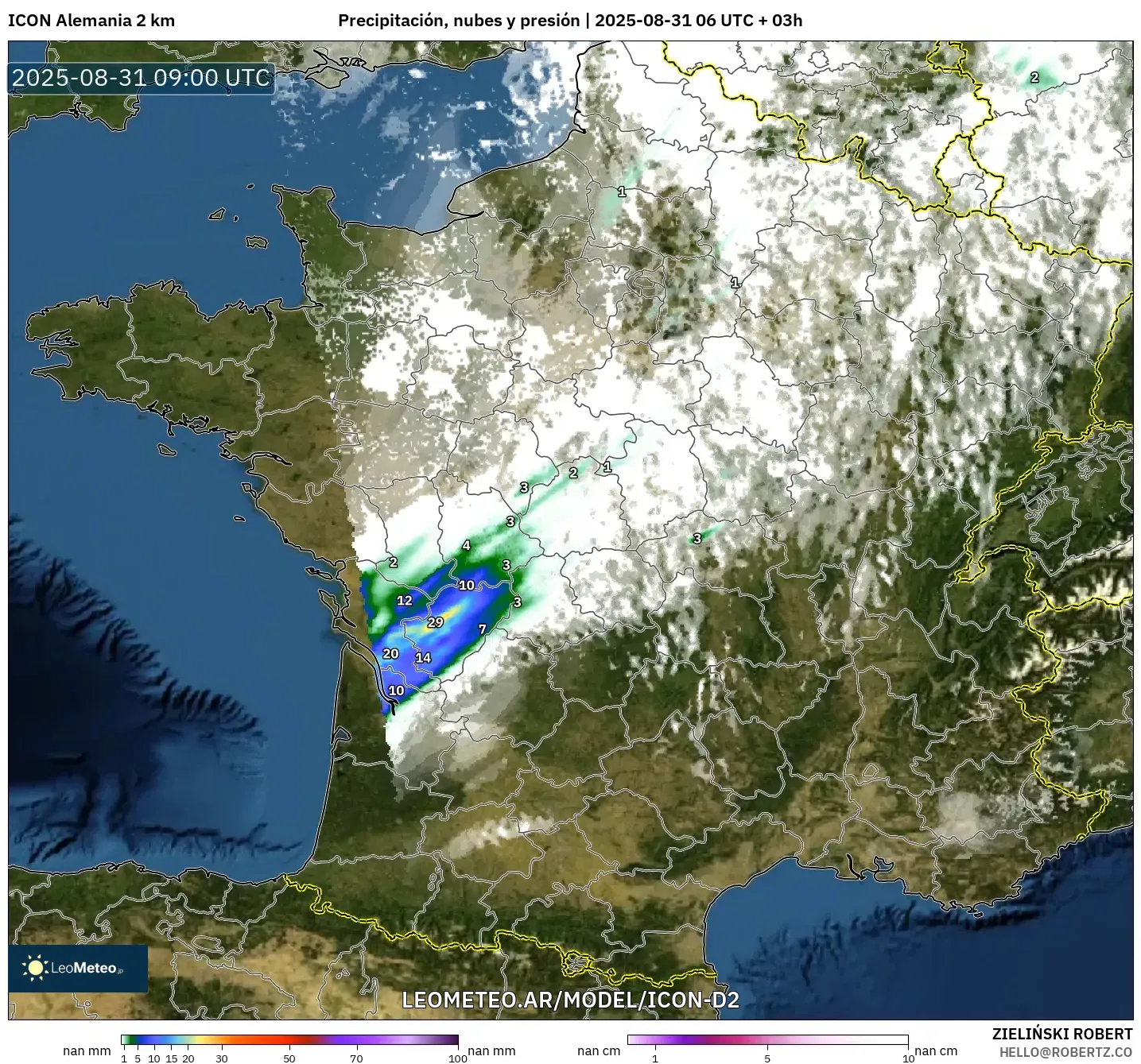 ICON Alemania 2 km model - Francia, Precipitación, nubes y presión ICON Alemania 2 km model - Francia, Precipitación, nubes y presión