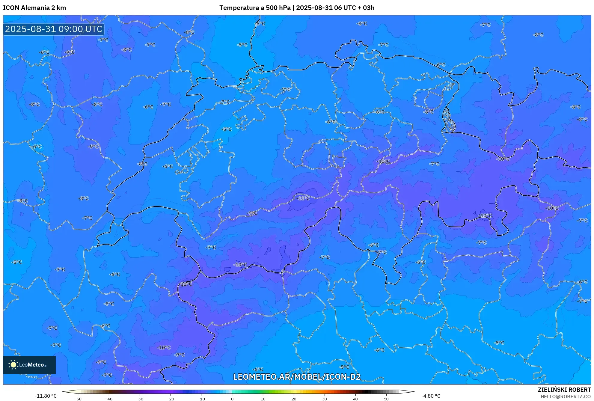 ICON Alemania 2 km model - Suiza, Temperatura a 500 hPa ICON Alemania 2 km model - Suiza, Temperatura a 500 hPa