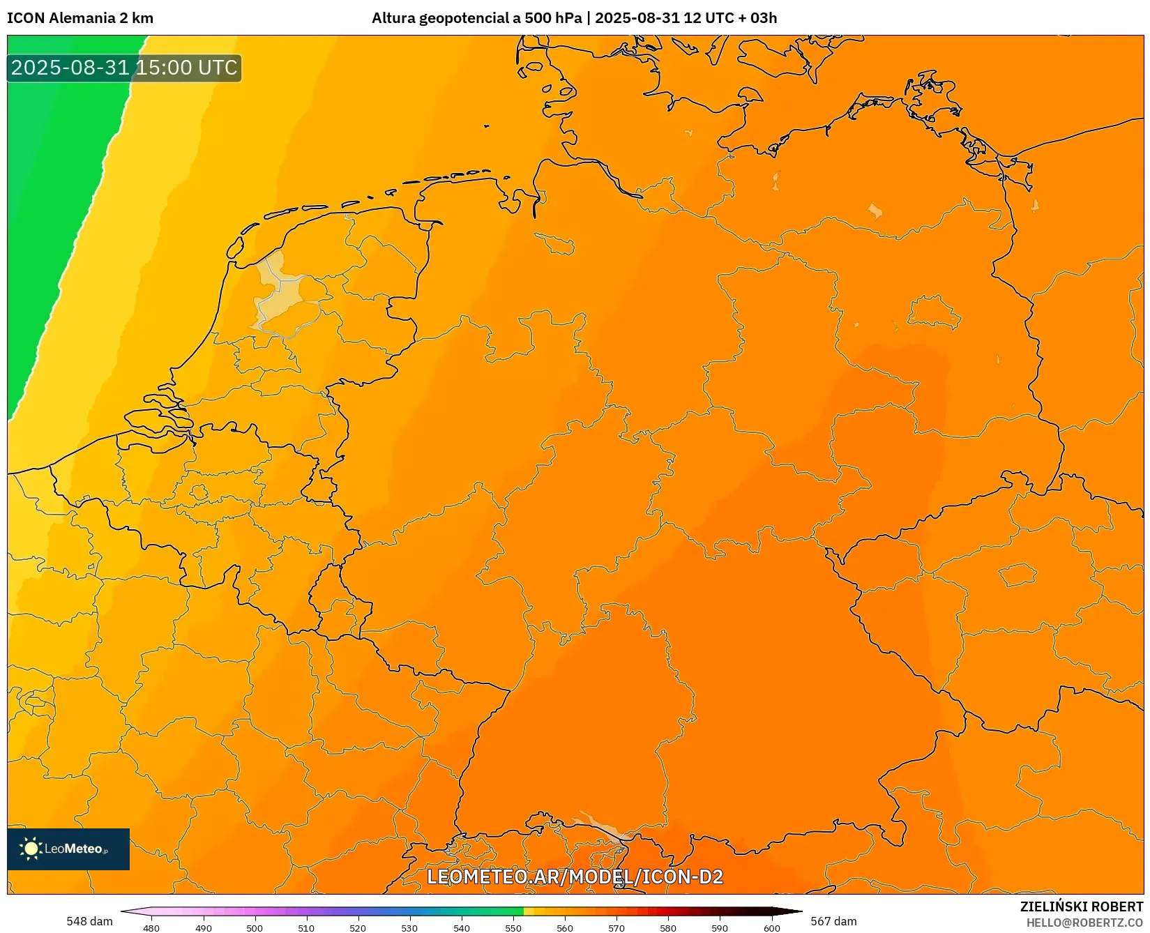 ICON Alemania 2 km model - Alemania, Altura geopotencial a 500 hPa ICON Alemania 2 km model - Alemania, Altura geopotencial a 500 hPa