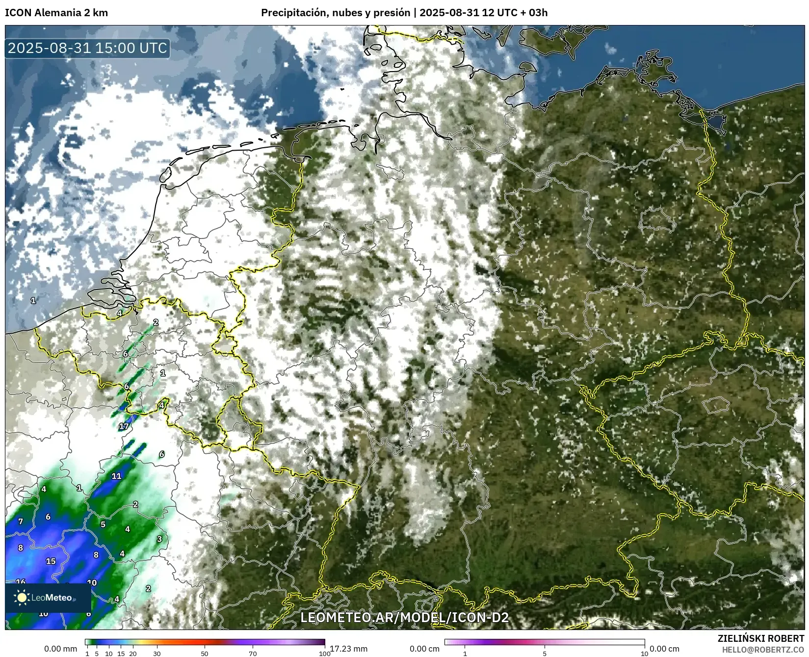 ICON Alemania 2 km model - Alemania, Precipitación, nubes y presión ICON Alemania 2 km model - Alemania, Precipitación, nubes y presión