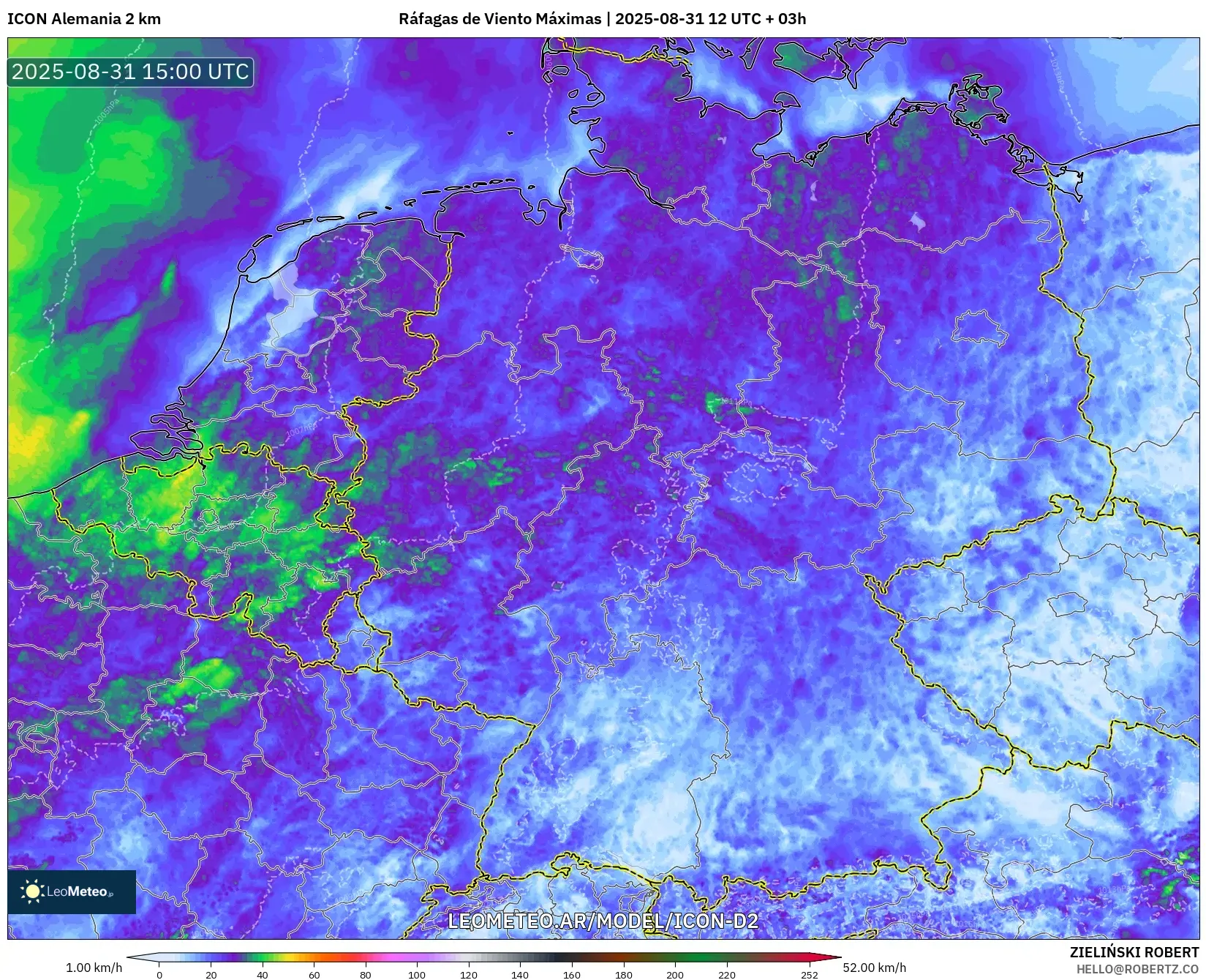 ICON Alemania 2 km model - Alemania, Ráfagas de Viento Máximas ICON Alemania 2 km model - Alemania, Ráfagas de Viento Máximas