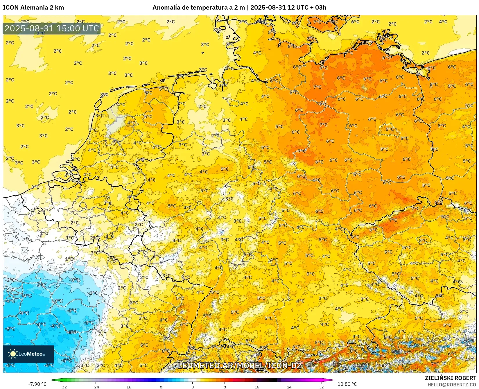 ICON Alemania 2 km model - Alemania, Anomalía de temperatura a 2 m ICON Alemania 2 km model - Alemania, Anomalía de temperatura a 2 m