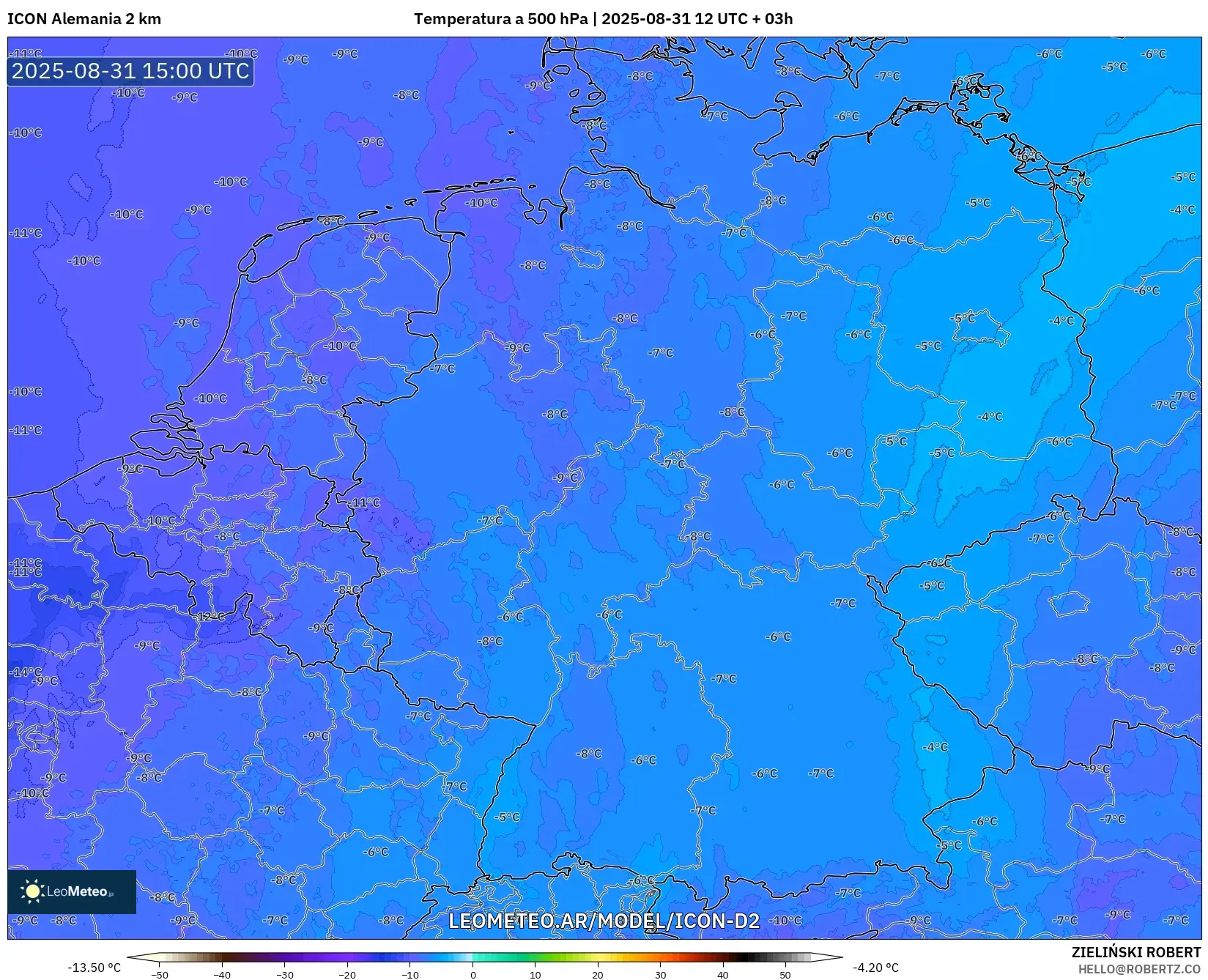 ICON Alemania 2 km model - Alemania, Temperatura a 500 hPa ICON Alemania 2 km model - Alemania, Temperatura a 500 hPa