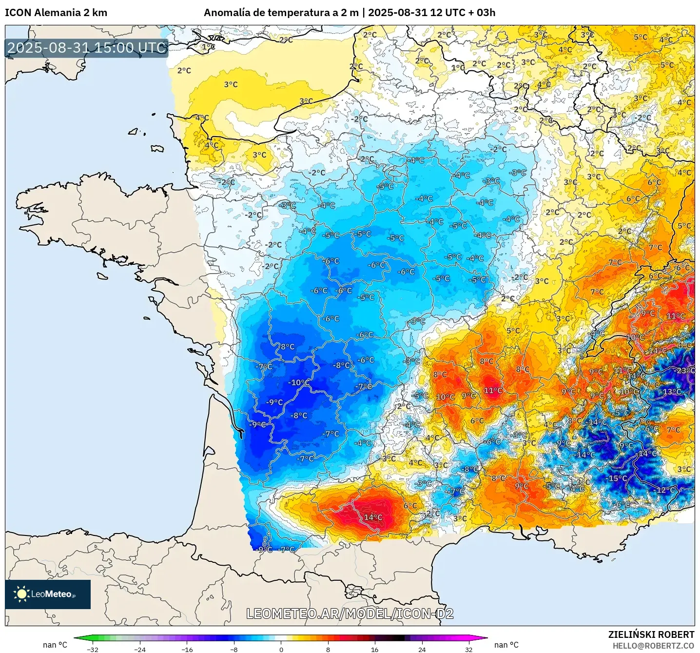 ICON Alemania 2 km model - Francia, Anomalía de temperatura a 2 m ICON Alemania 2 km model - Francia, Anomalía de temperatura a 2 m