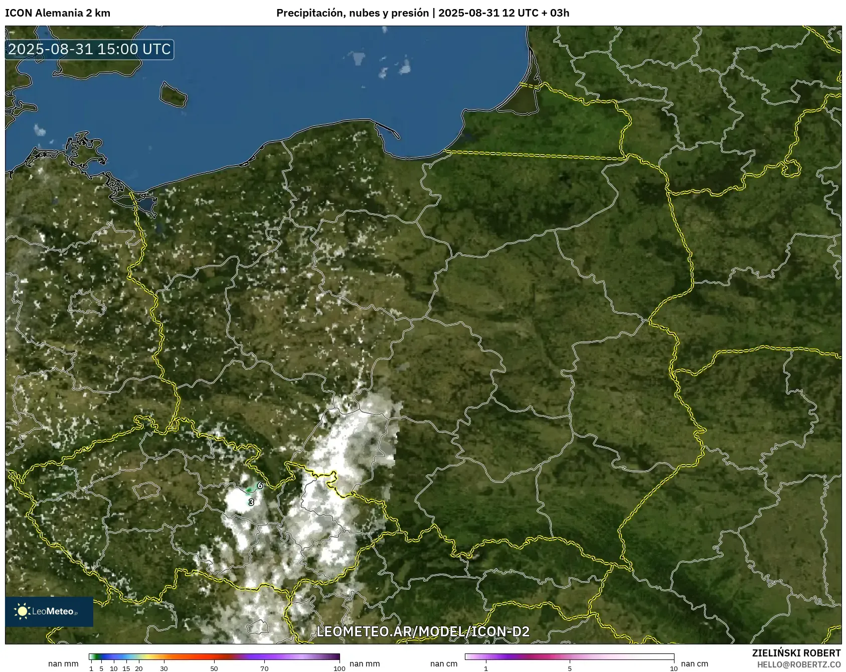 ICON Alemania 2 km model - Polonia, Precipitación, nubes y presión ICON Alemania 2 km model - Polonia, Precipitación, nubes y presión