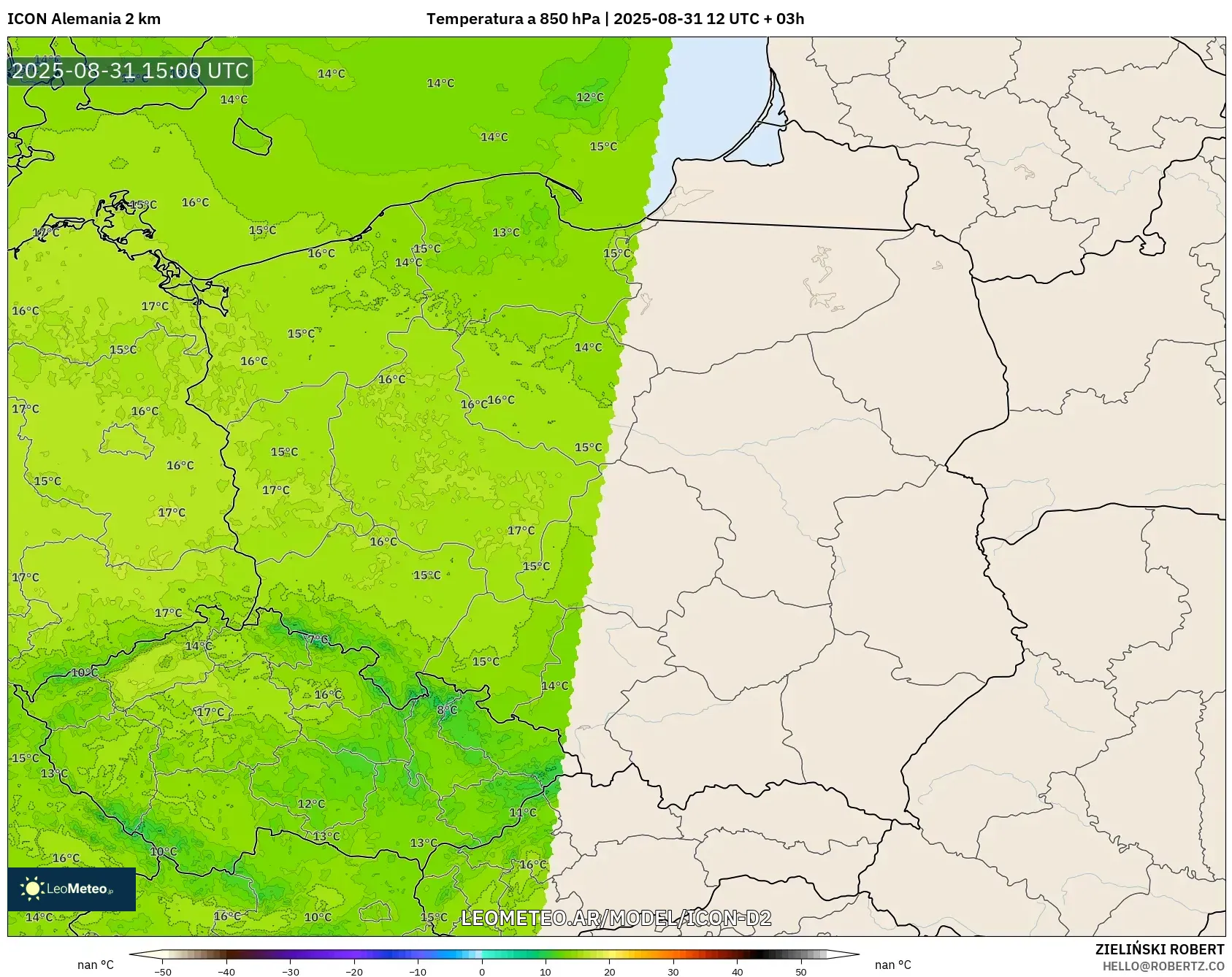 ICON Alemania 2 km model - Polonia, Temperatura a 850 hPa ICON Alemania 2 km model - Polonia, Temperatura a 850 hPa