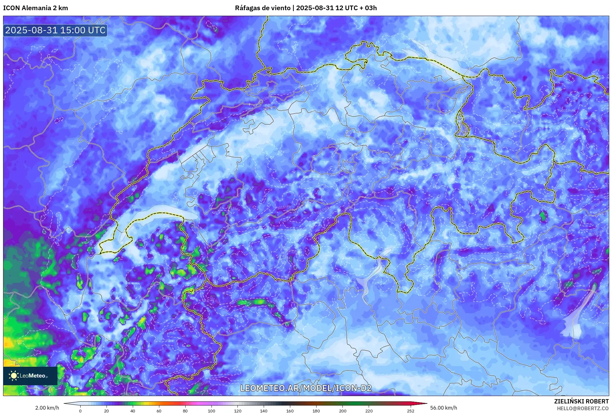 ICON Alemania 2 km model - Suiza, Ráfagas de viento ICON Alemania 2 km model - Suiza, Ráfagas de viento
