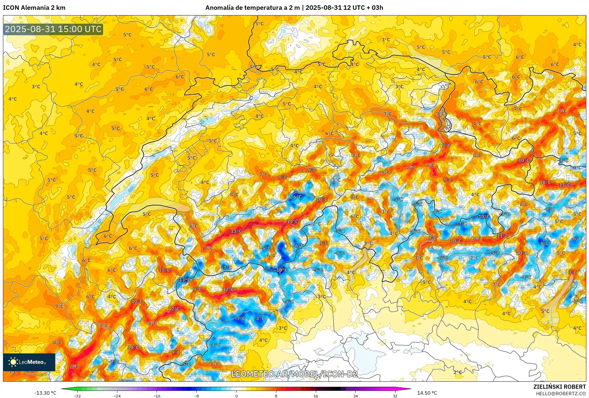 ICON Alemania 2 km model - Suiza, Anomalía de temperatura a 2 m ICON Alemania 2 km model - Suiza, Anomalía de temperatura a 2 m