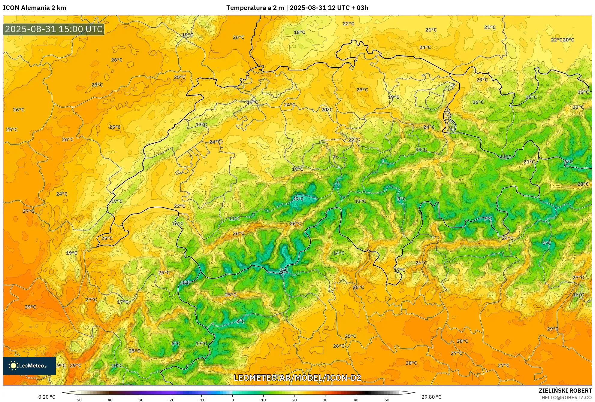 ICON Alemania 2 km model - Suiza, Temperatura a 2 m ICON Alemania 2 km model - Suiza, Temperatura a 2 m