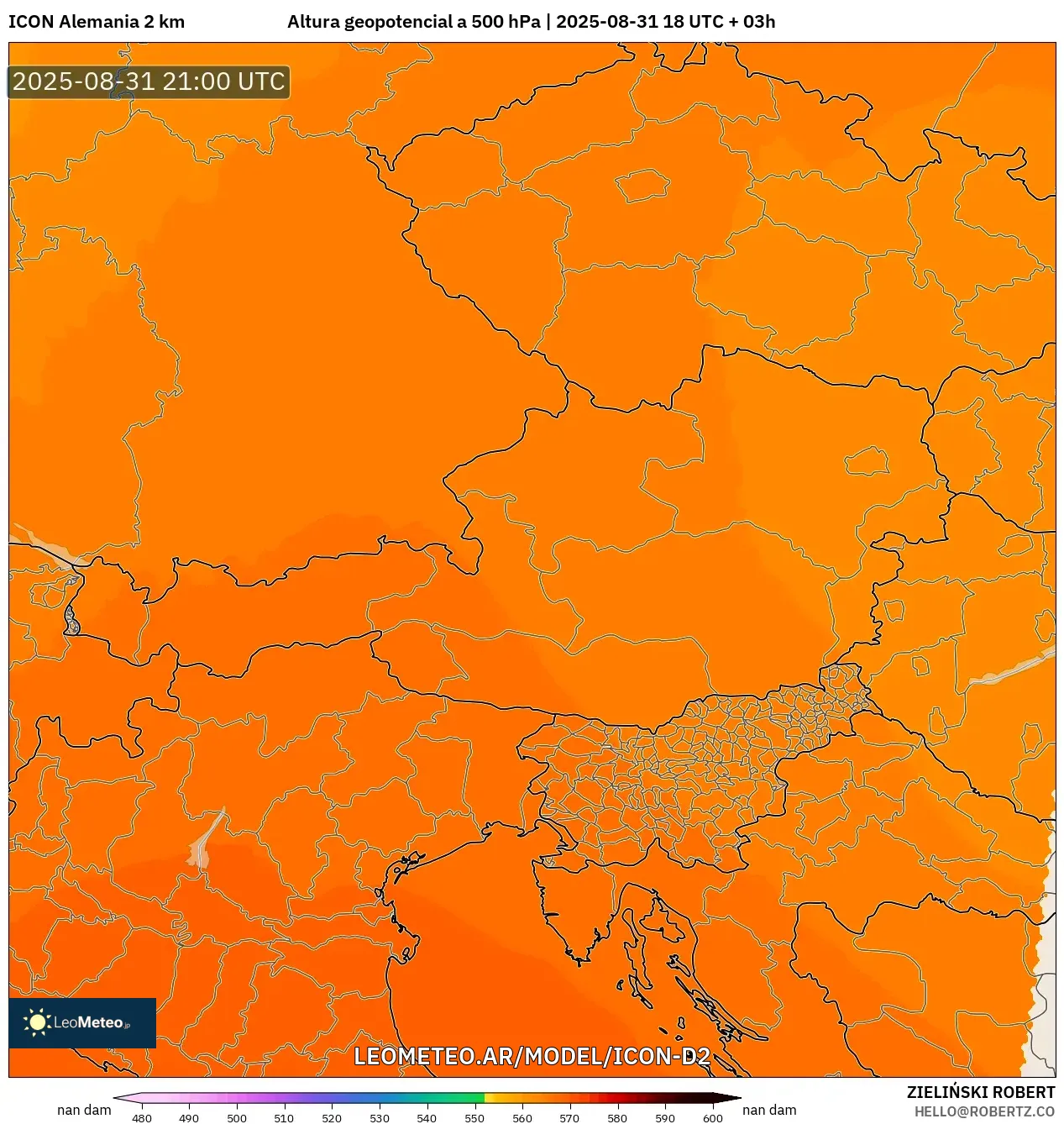 ICON Alemania 2 km model - Austria, Altura geopotencial a 500 hPa ICON Alemania 2 km model - Austria, Altura geopotencial a 500 hPa