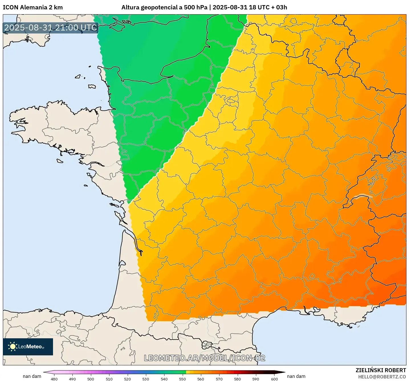ICON Alemania 2 km model - Francia, Altura geopotencial a 500 hPa ICON Alemania 2 km model - Francia, Altura geopotencial a 500 hPa