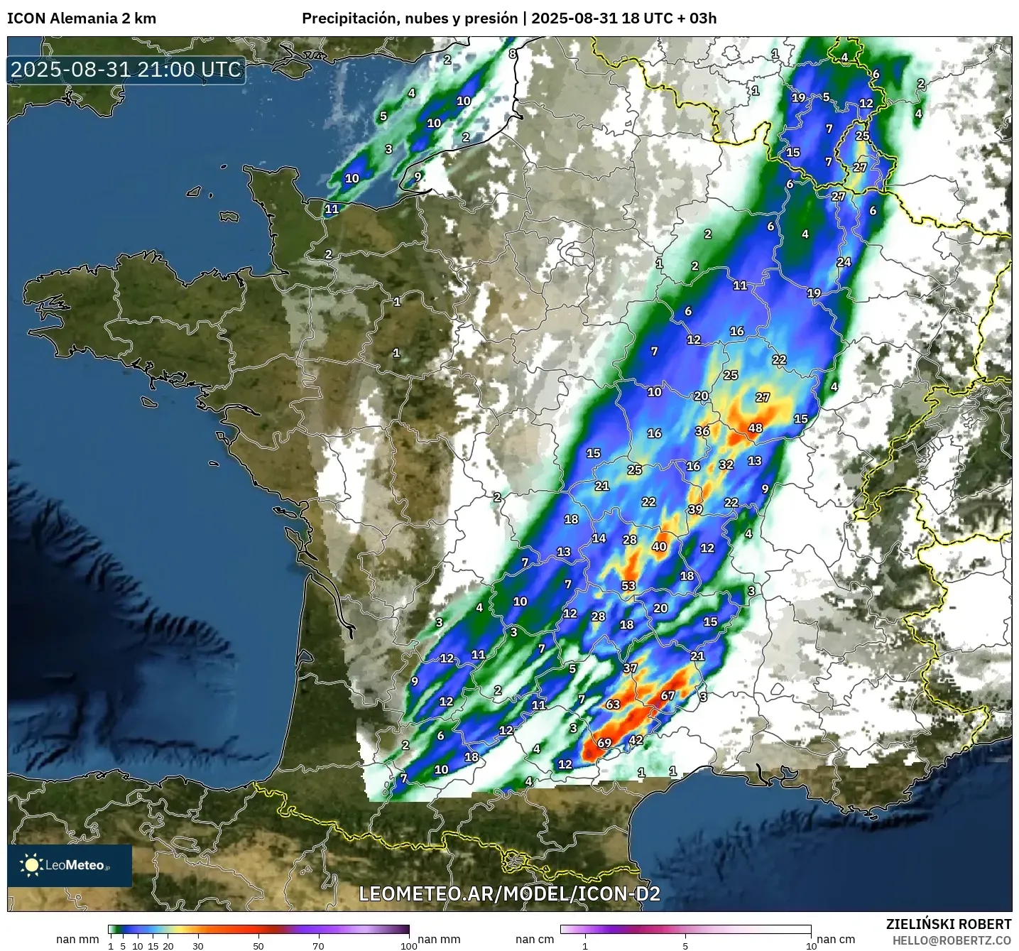 ICON Alemania 2 km model - Francia, Precipitación, nubes y presión ICON Alemania 2 km model - Francia, Precipitación, nubes y presión