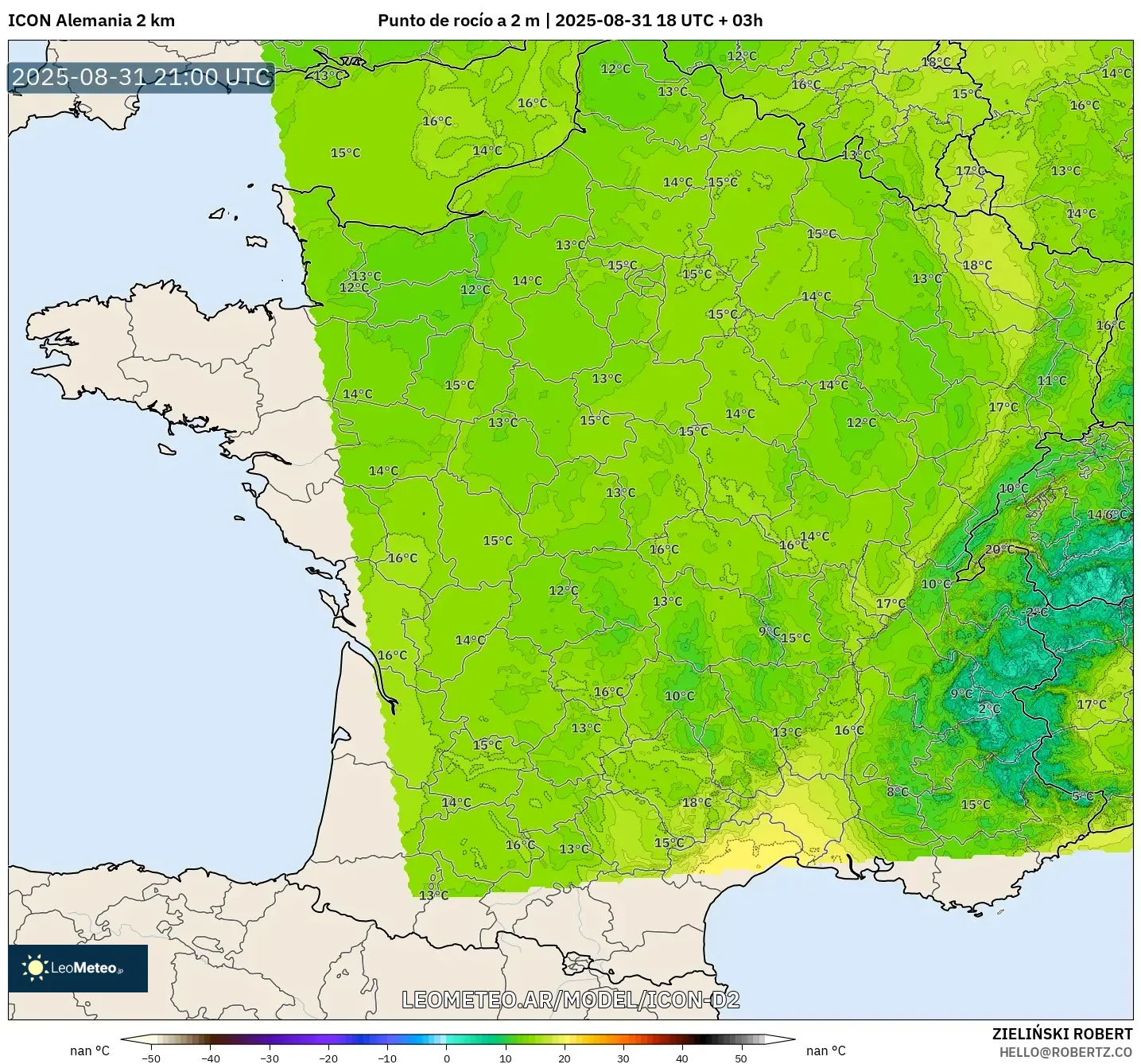 ICON Alemania 2 km model - Francia, Punto de rocío a 2 m