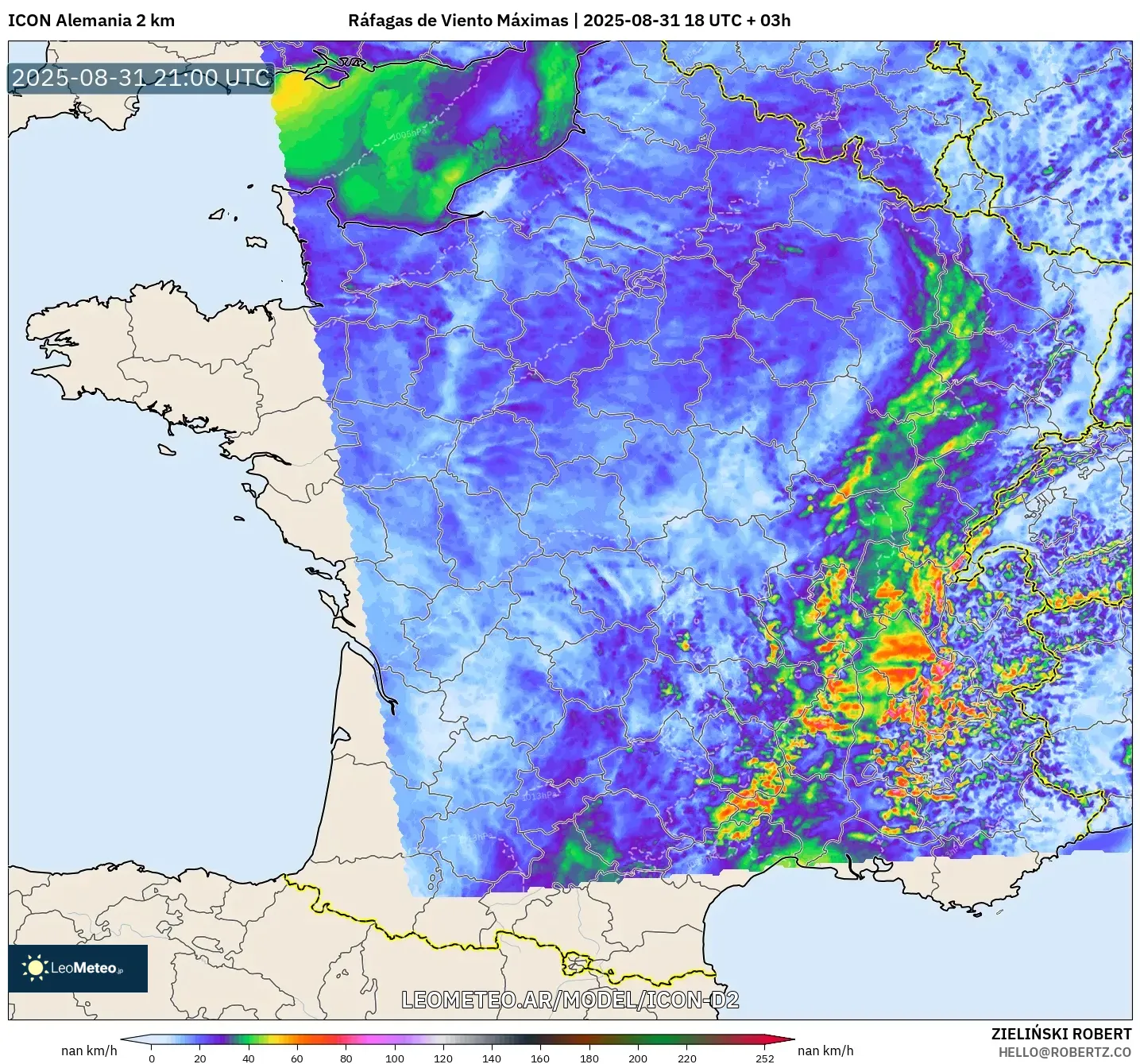 ICON Alemania 2 km model - Francia, Ráfagas de Viento Máximas ICON Alemania 2 km model - Francia, Ráfagas de Viento Máximas