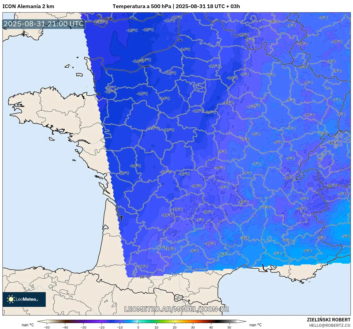 ICON Alemania 2 km model - Francia, Temperatura a 500 hPa ICON Alemania 2 km model - Francia, Temperatura a 500 hPa