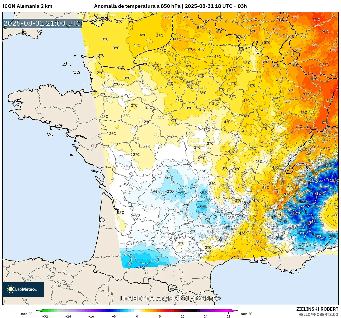 ICON Alemania 2 km model - Francia, Anomalía de temperatura a 850 hPa ICON Alemania 2 km model - Francia, Anomalía de temperatura a 850 hPa