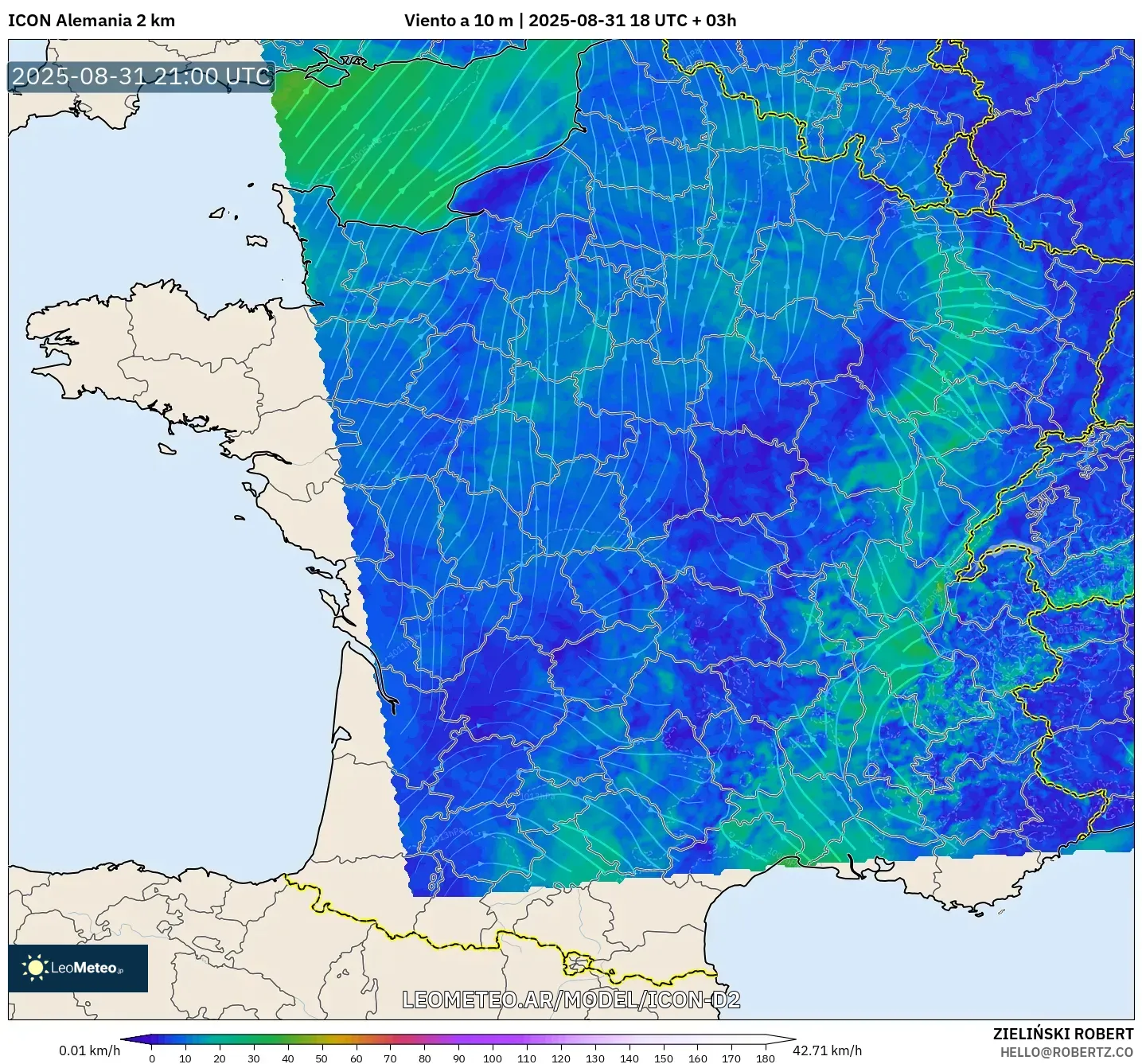 ICON Alemania 2 km model - Francia, Viento a 10 m ICON Alemania 2 km model - Francia, Viento a 10 m