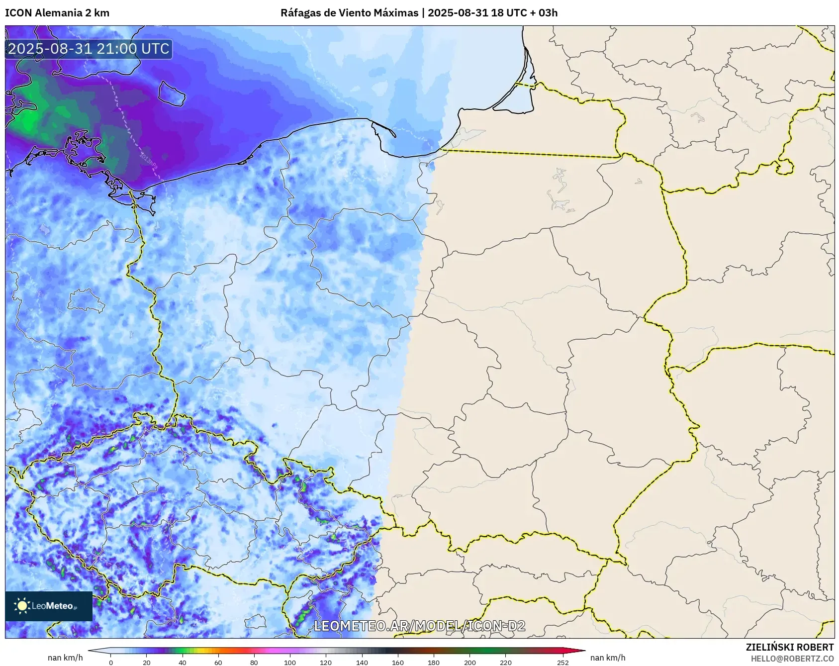 ICON Alemania 2 km model - Polonia, Ráfagas de Viento Máximas ICON Alemania 2 km model - Polonia, Ráfagas de Viento Máximas