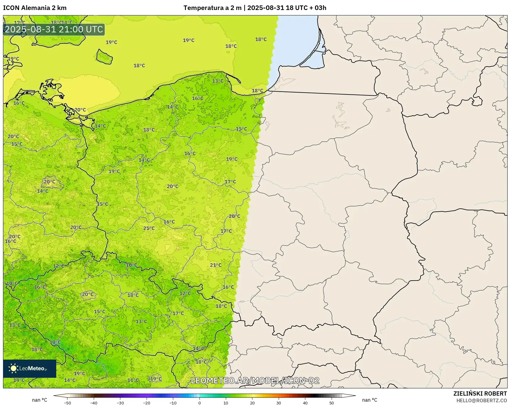 ICON Alemania 2 km model - Polonia, Temperatura a 2 m