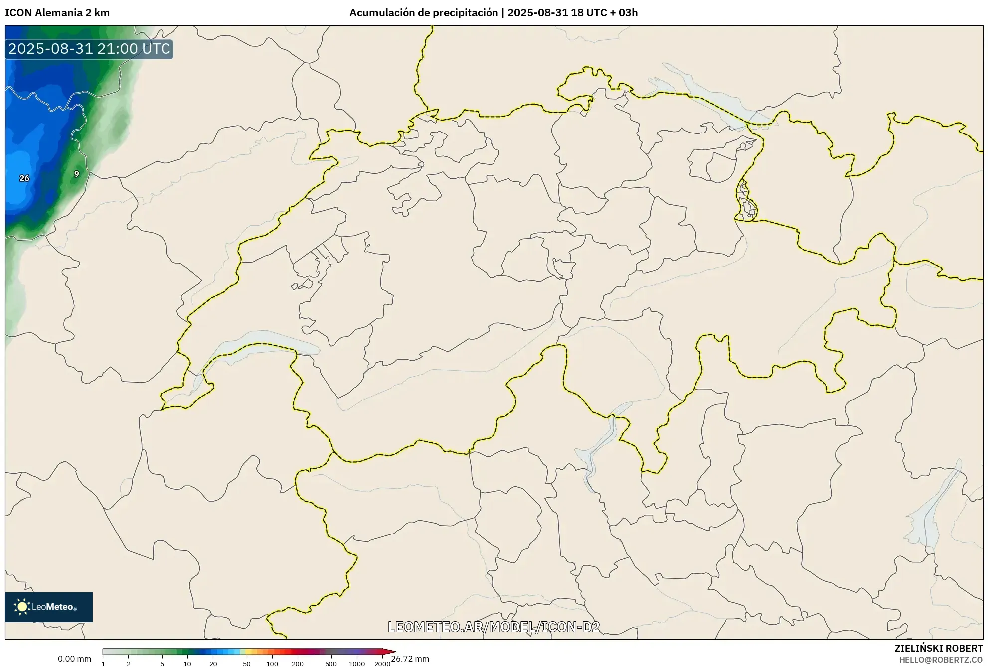 ICON Alemania 2 km model - Suiza, Acumulación de precipitación ICON Alemania 2 km model - Suiza, Acumulación de precipitación