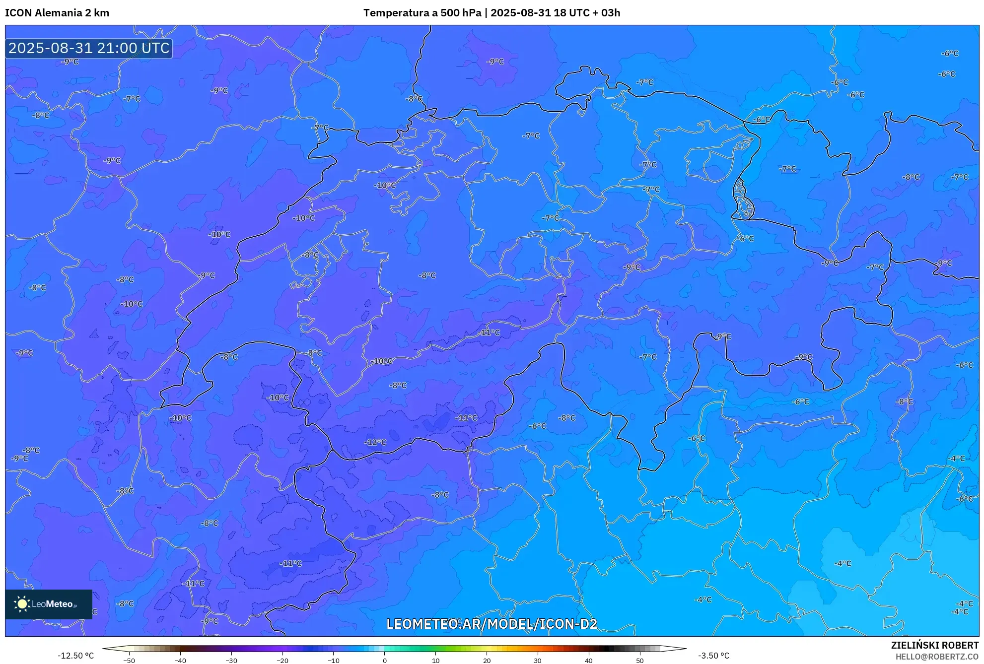 ICON Alemania 2 km model - Suiza, Temperatura a 500 hPa ICON Alemania 2 km model - Suiza, Temperatura a 500 hPa