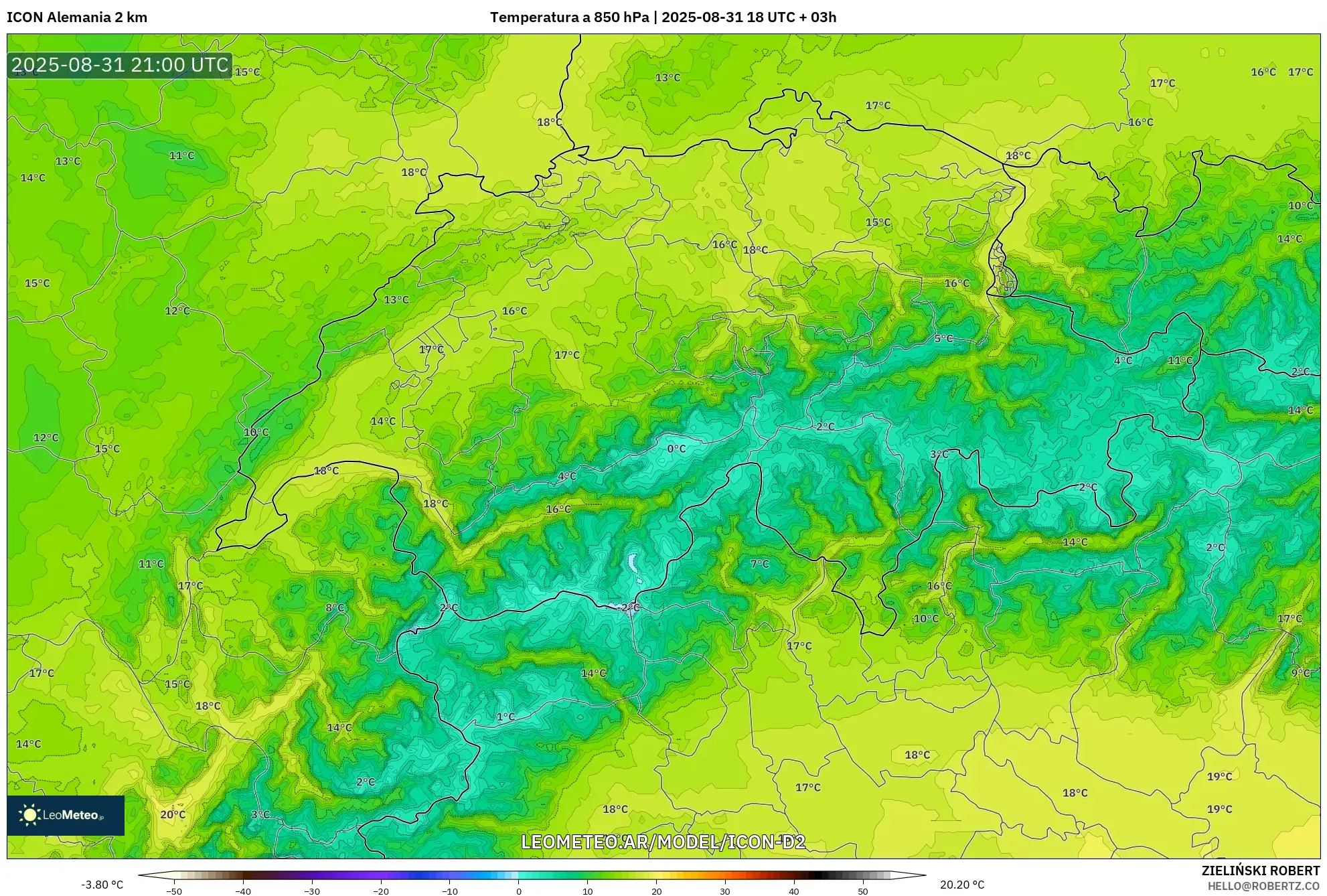 ICON Alemania 2 km model - Suiza, Temperatura a 850 hPa ICON Alemania 2 km model - Suiza, Temperatura a 850 hPa