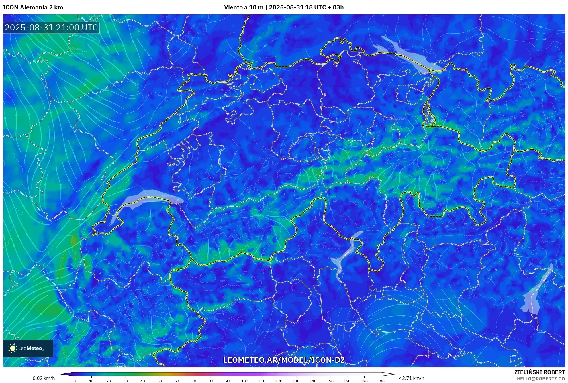ICON Alemania 2 km model - Suiza, Viento a 10 m ICON Alemania 2 km model - Suiza, Viento a 10 m