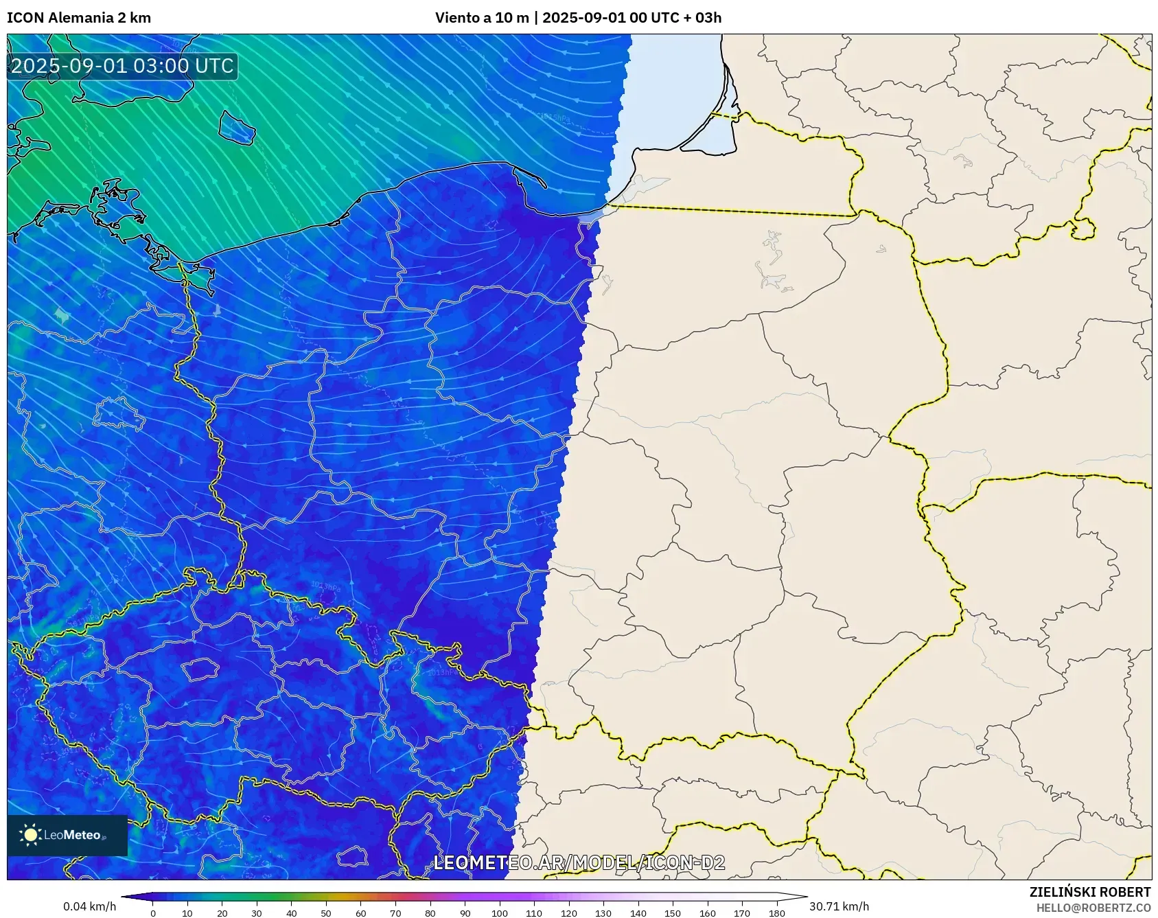 ICON Alemania 2 km model - Polonia, Viento a 10 m ICON Alemania 2 km model - Polonia, Viento a 10 m