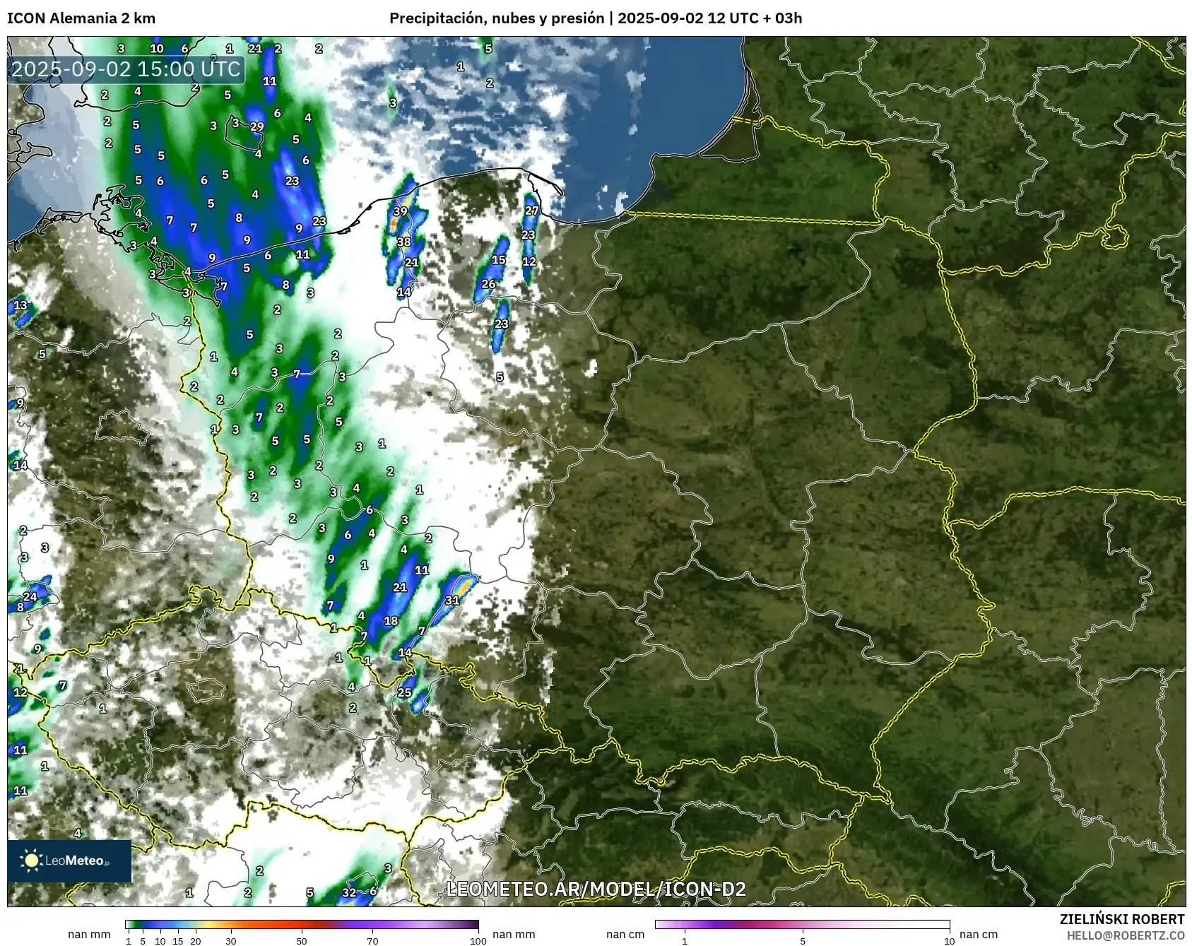 ICON Alemania 2 km model - Polonia, Precipitación, nubes y presión ICON Alemania 2 km model - Polonia, Precipitación, nubes y presión