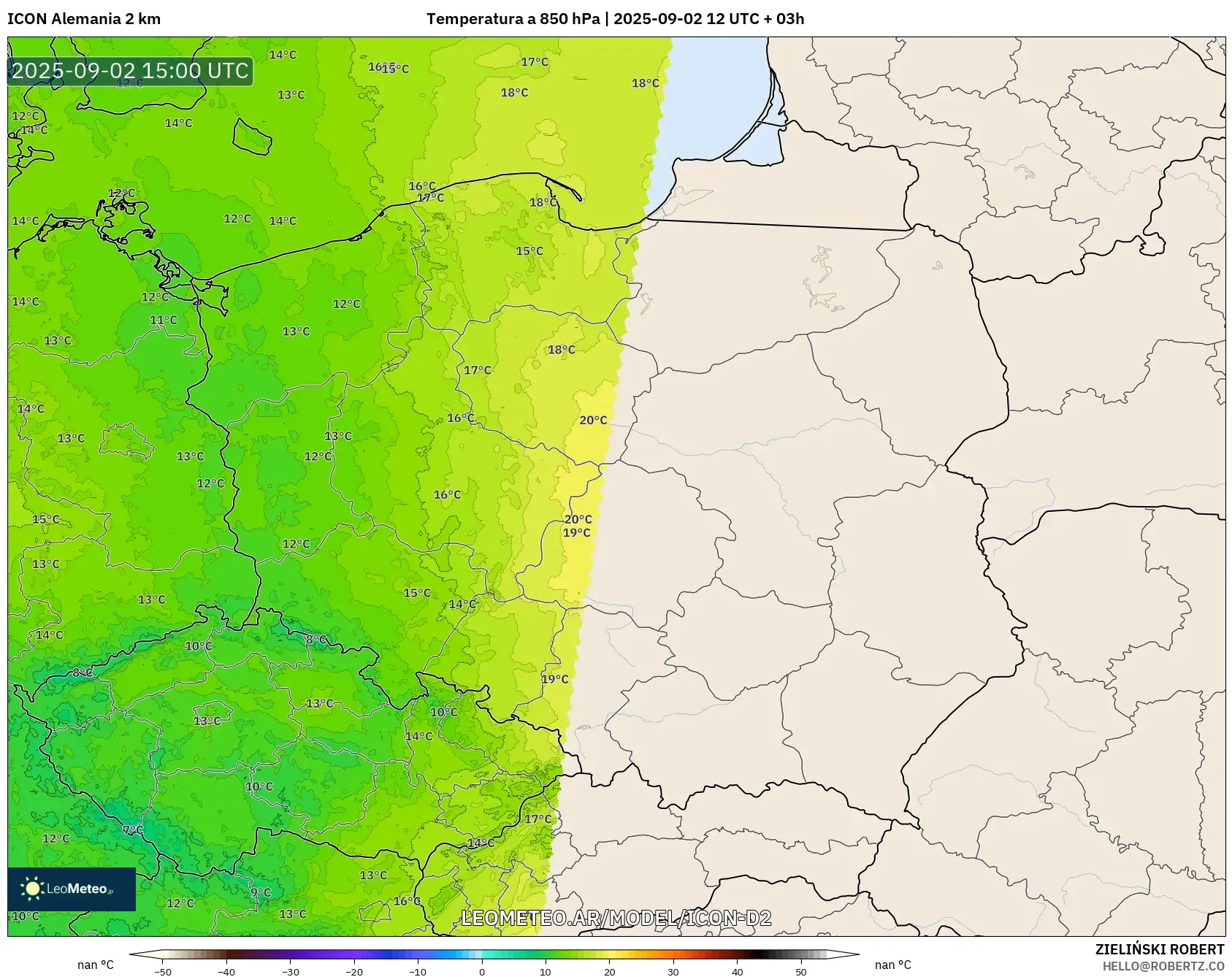 ICON Alemania 2 km model - Polonia, Temperatura a 850 hPa ICON Alemania 2 km model - Polonia, Temperatura a 850 hPa