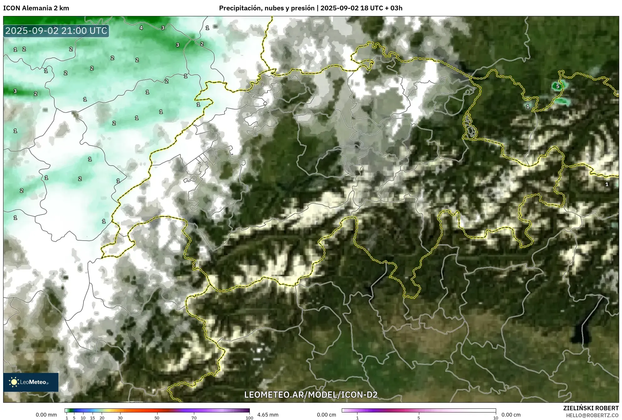 ICON Alemania 2 km model - Suiza, Precipitación, nubes y presión ICON Alemania 2 km model - Suiza, Precipitación, nubes y presión