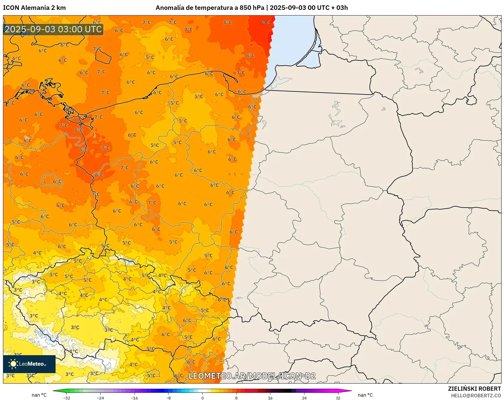 ICON Alemania 2 km model - Polonia, Anomalía de temperatura a 850 hPa ICON Alemania 2 km model - Polonia, Anomalía de temperatura a 850 hPa